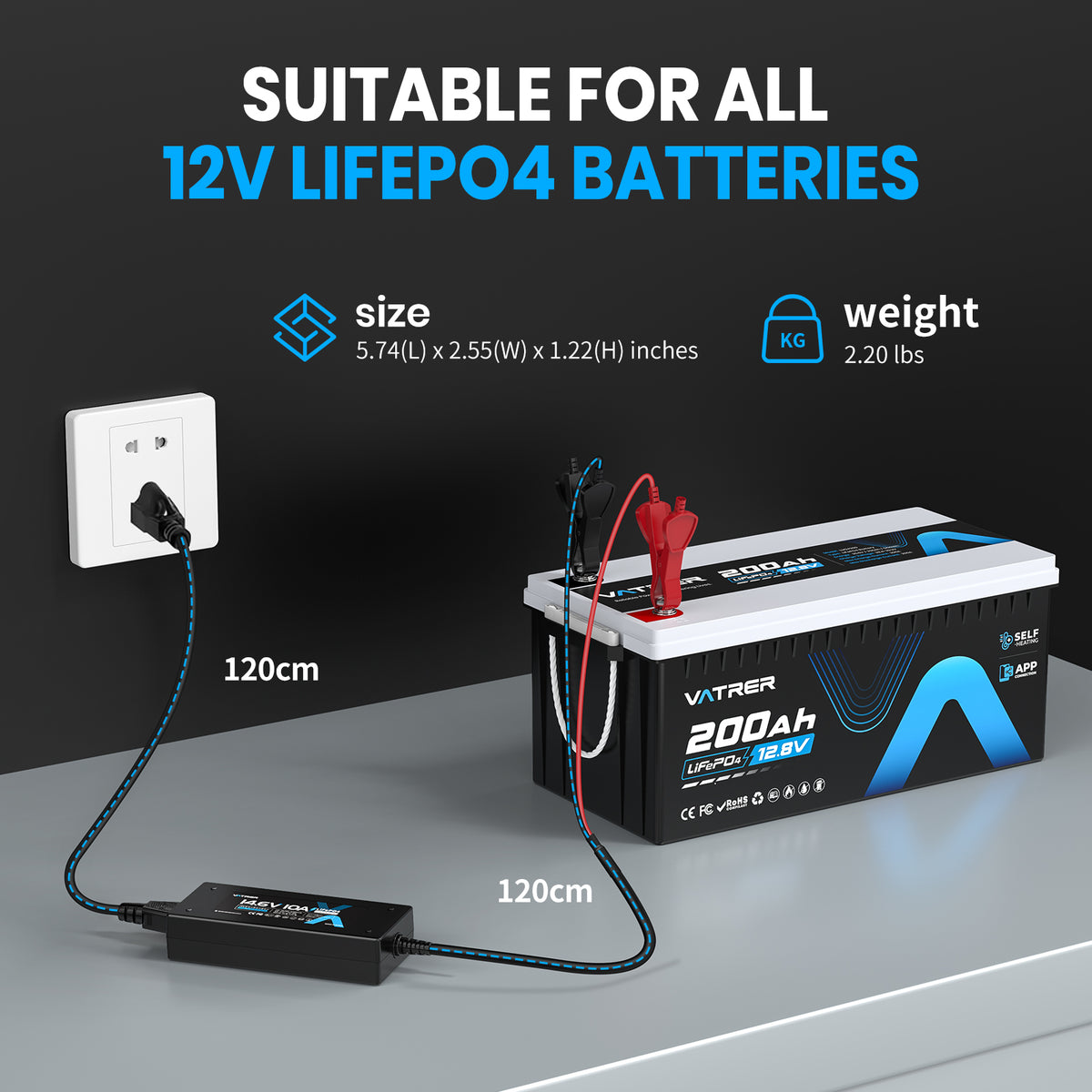 Vatrer 14.6V 10A Intelligent AC-DC Charger for 12V Lithium Iron Phosphate EU