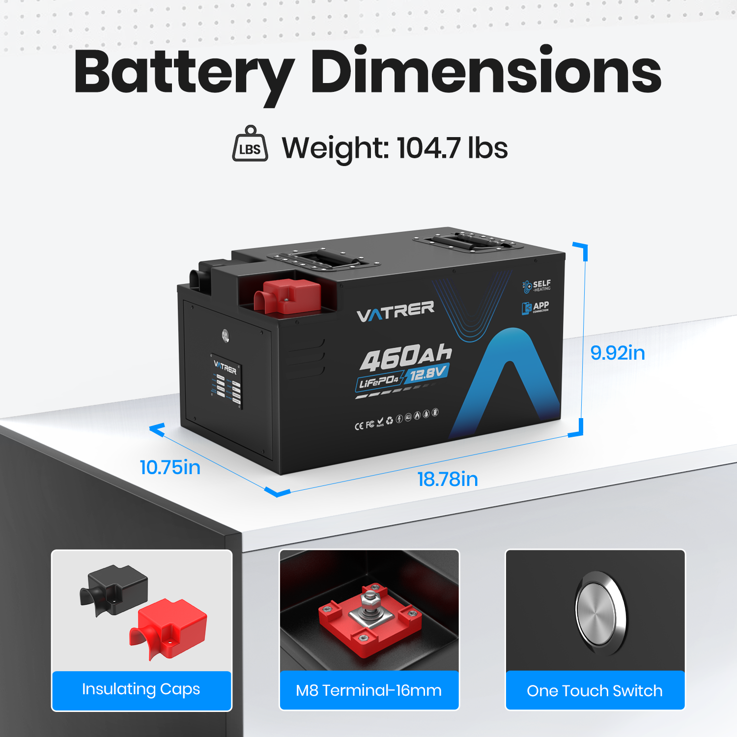 Vatrer 12V 460AH 300A BMS Low Temp Cutoff LiFePO4 RV Battery Bluetooth Version EU