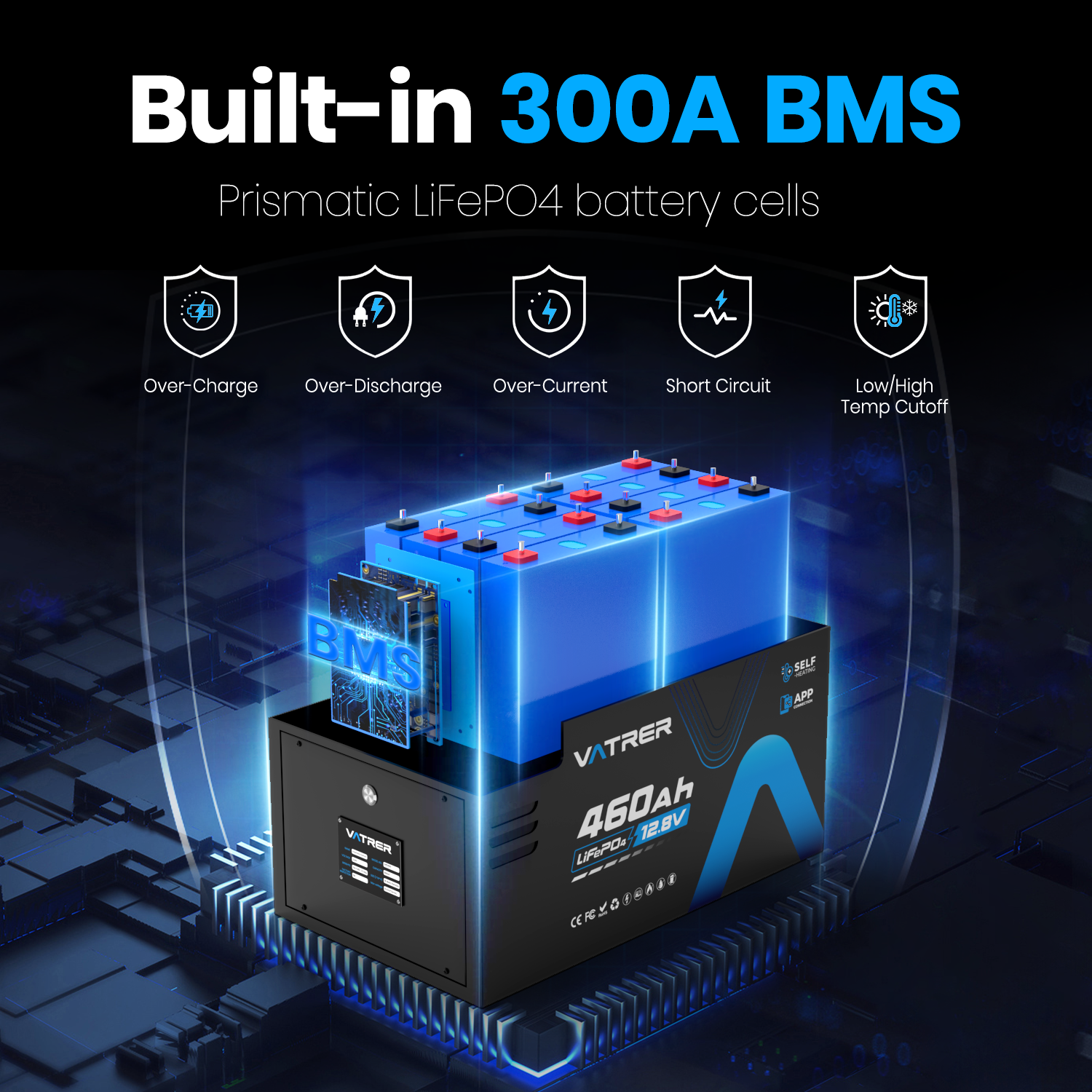 Vatrer 12V 460AH 300A BMS Low Temp Cutoff LiFePO4 RV Battery Bluetooth Version EU