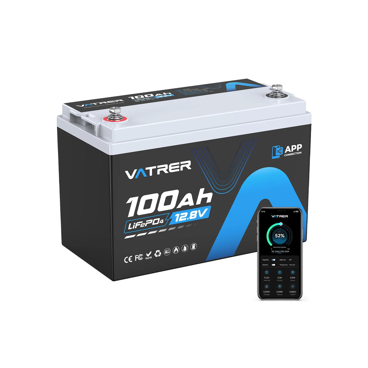 Vatrer 12V 100Ah Bluetooth LiFePO4 Lithium Battery with Low Temp Cutoff EU