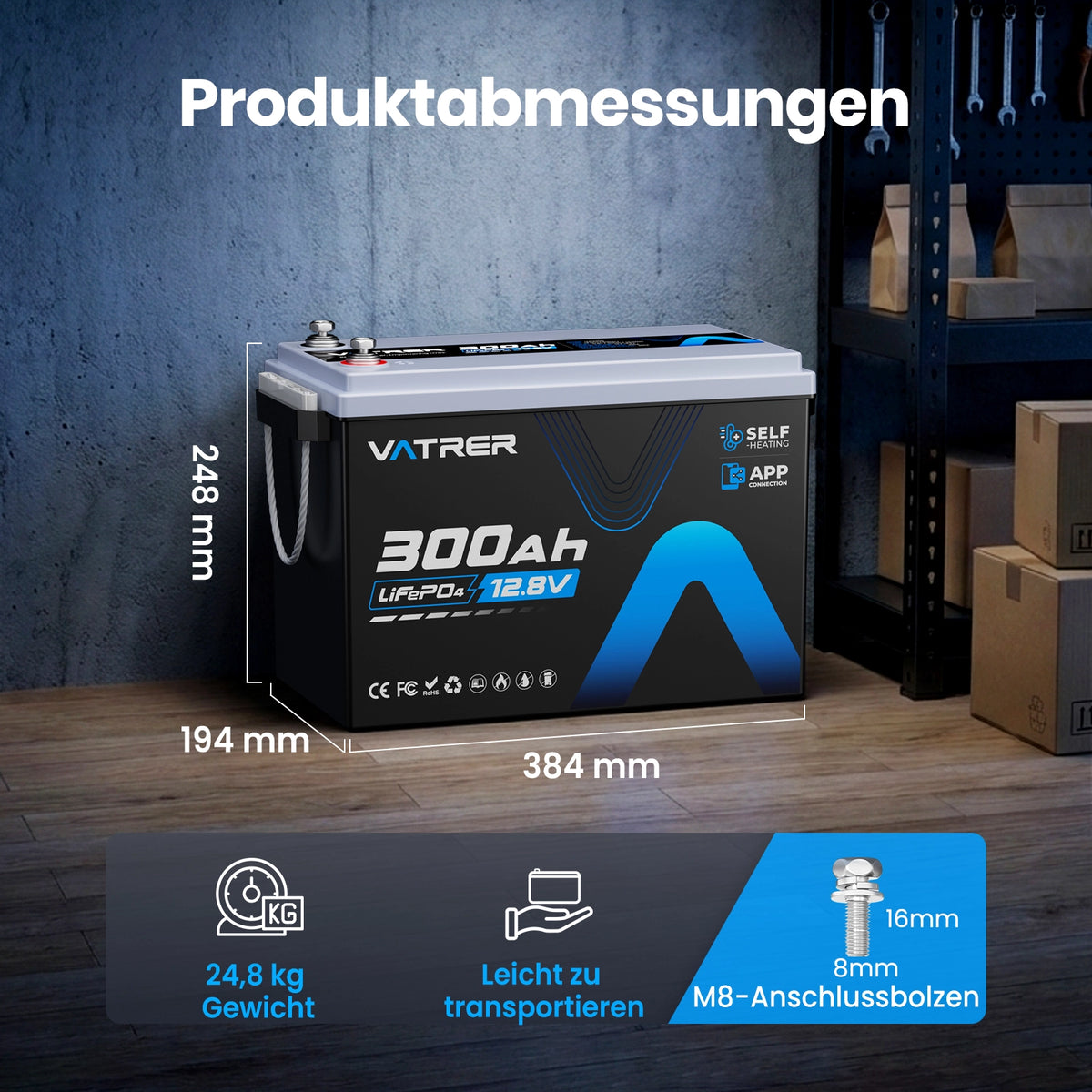 Vatrer 12V 300Ah LiFePO4 Lithium-batterie mit Selbsterwärmung & Bluetooth