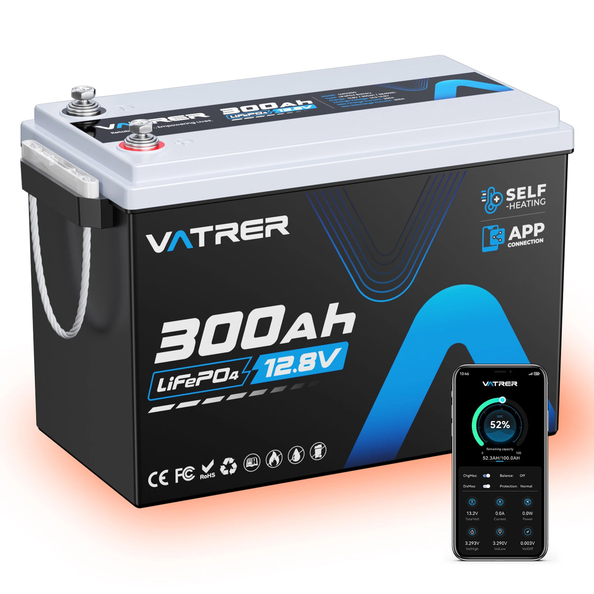 Vatrer 12V 300Ah LiFePO4 Lithium-batterie mit Selbsterwärmung & Bluetooth