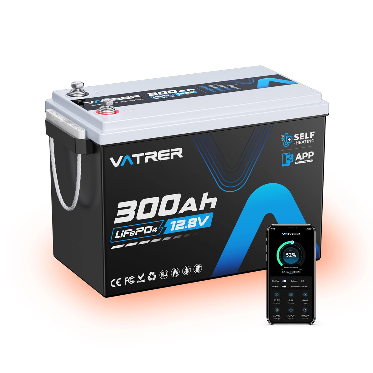 Vatrer 12V 300Ah LiFePO4 Lithium-batterie mit Selbsterwärmung & Bluetooth