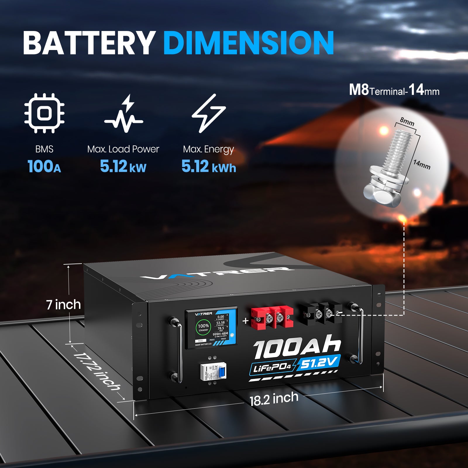 Vatrer 51.2V 100Ah LiFePO4 Lithium Solar Battery, Built-In 100A BMS, Max. 5120W Load Power, Bluetooth Version EU