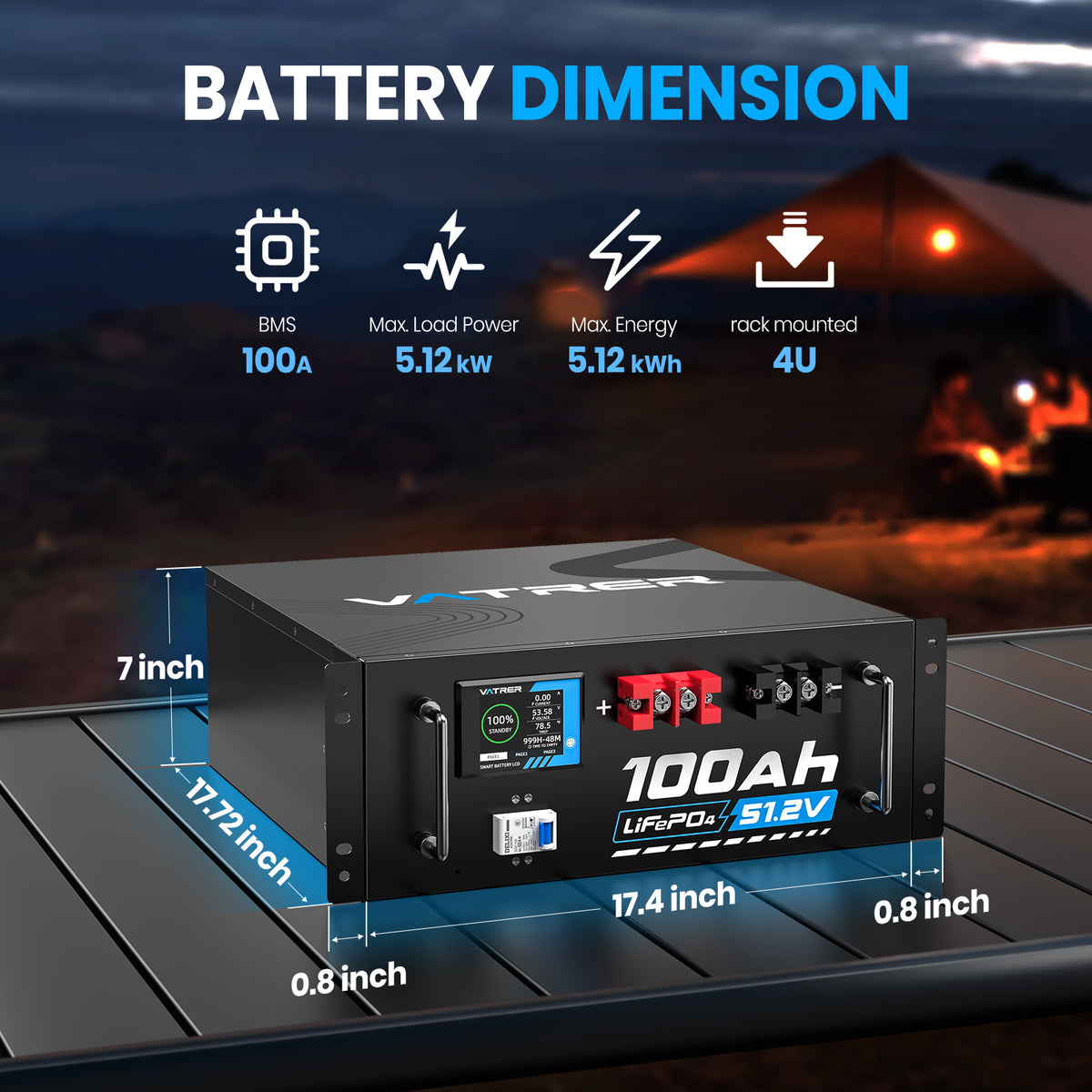 Vatrer 51.2V 100Ah LiFePO4 Lithium Solar Battery, Built-In 100A BMS, Max. 5120W Load Power, Bluetooth Version EU