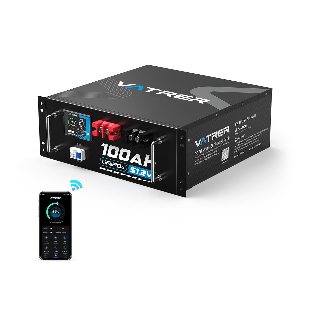 Vatrer 51.2V 100Ah LiFePO4 Lithium Solar Battery, Built-In 100A BMS, Max. 5120W Load Power, Bluetooth Version EU