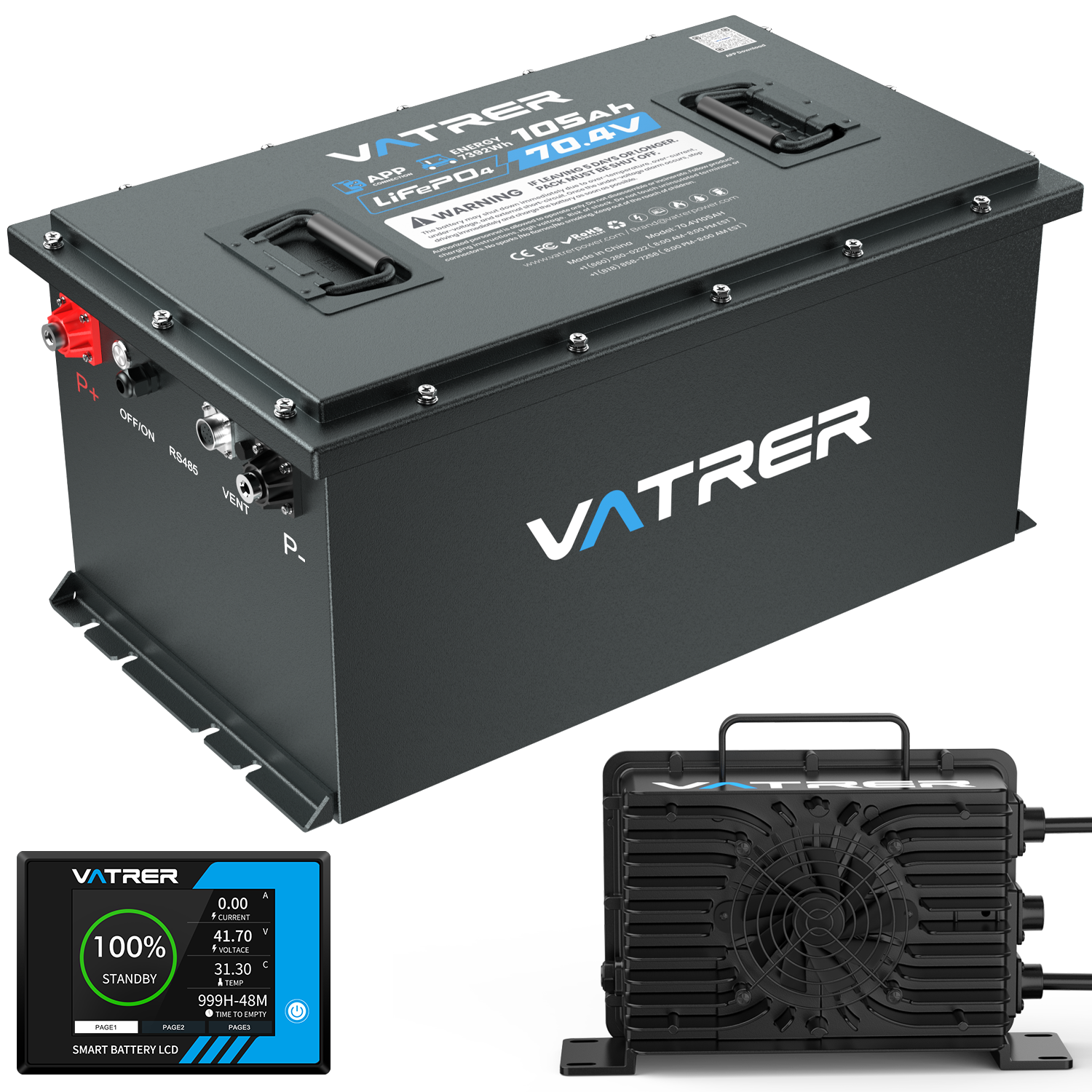 Vatrer 72V 105AH Lithium Golf Cart Battery, Built-in 200A BMS, 4000+ Cycles LiFePO4 Battery, 14.08kW Output EU