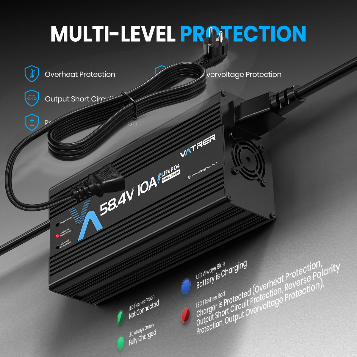 Vatrer 48V Lithium Batterie ladegerät, 58,4V 10A AC-DC LiFePO4 Smart-Batterieladegerät