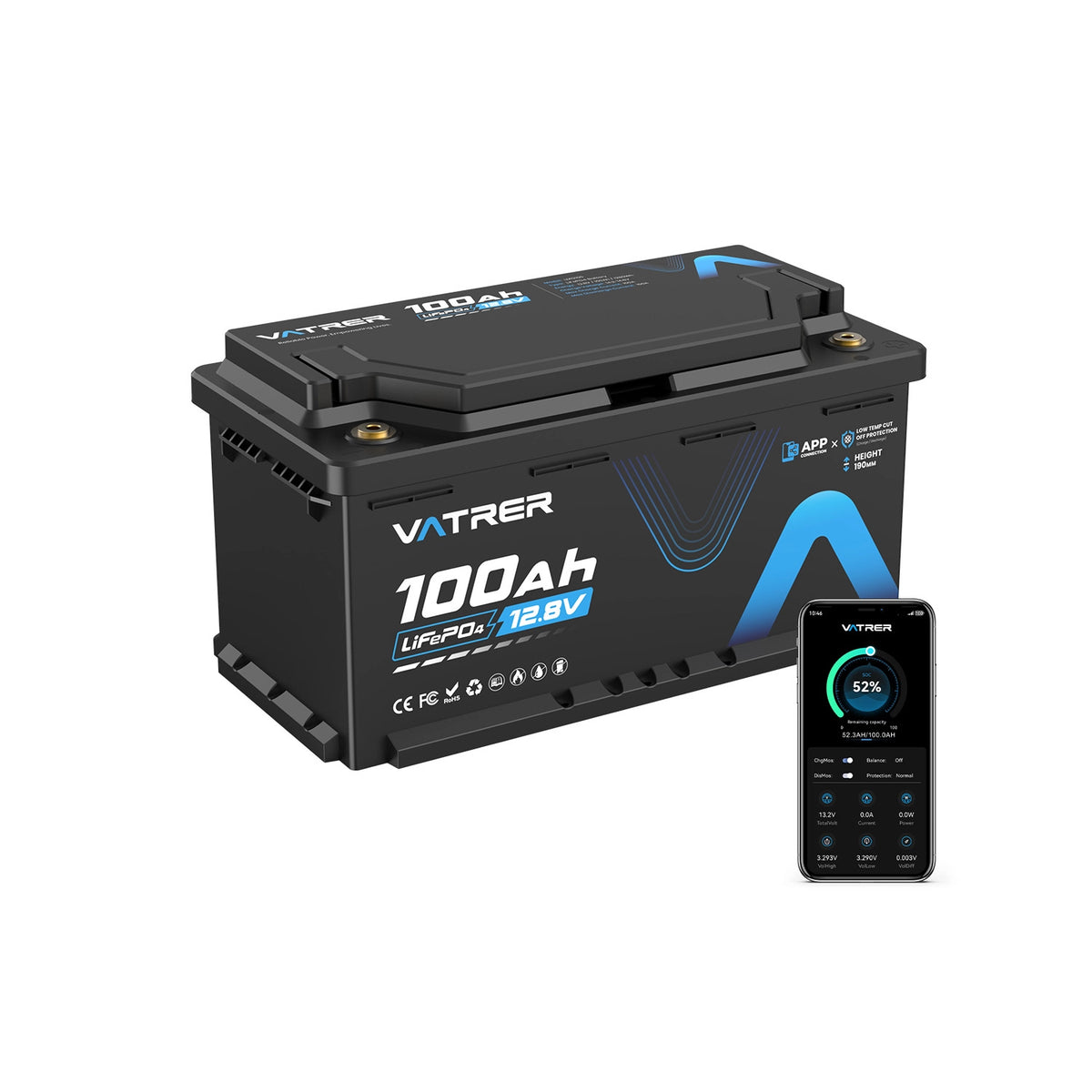 Vatrer 12V 100Ah H190 Bluetooth LiFePO4 Battery with 188mm Height 1280Wh 5000+ Cycles Lithium Battery EU