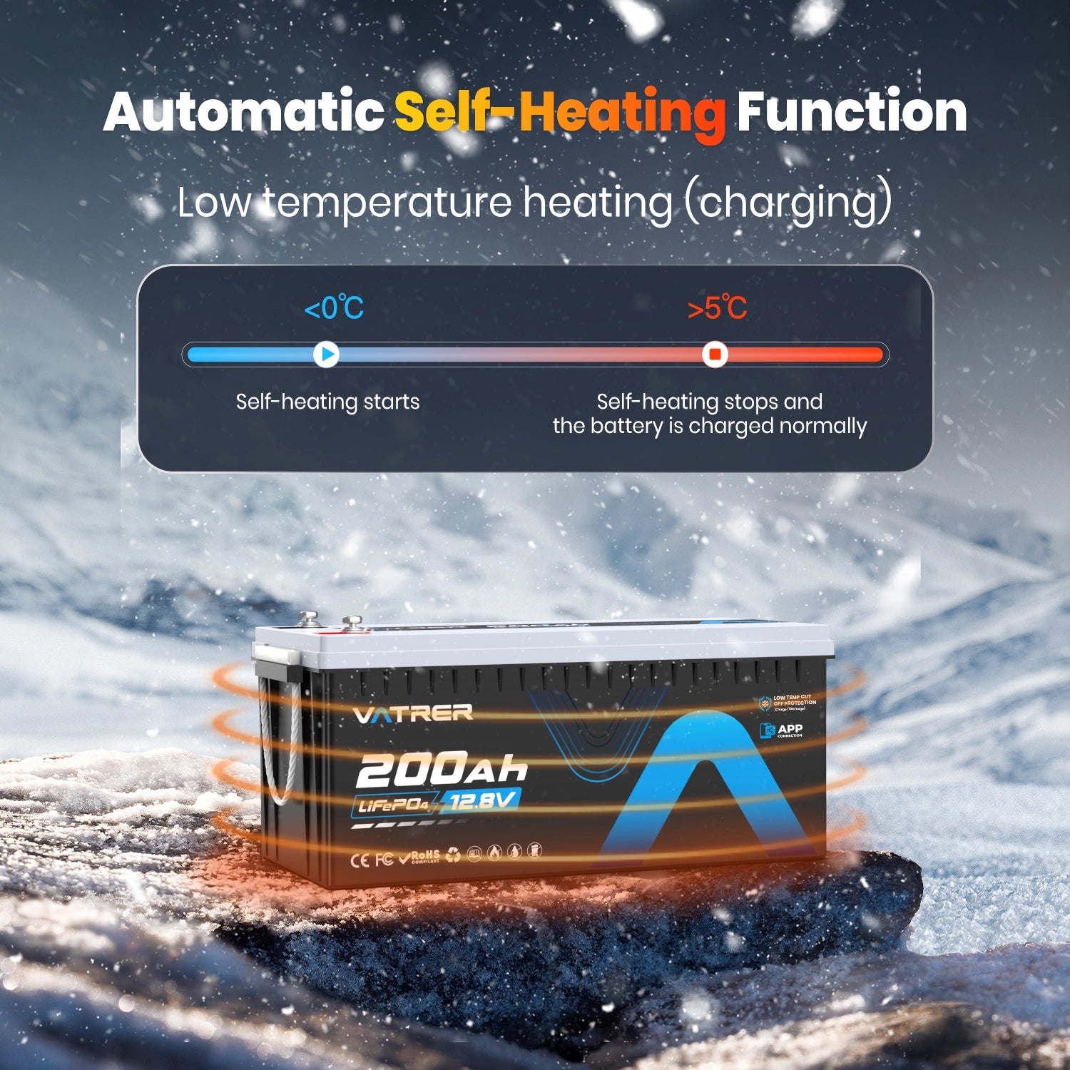 Vatrer 12V 200Ah Bluetooth LiFePO4 Self-Heating Lithium Battery 200A BMS EU