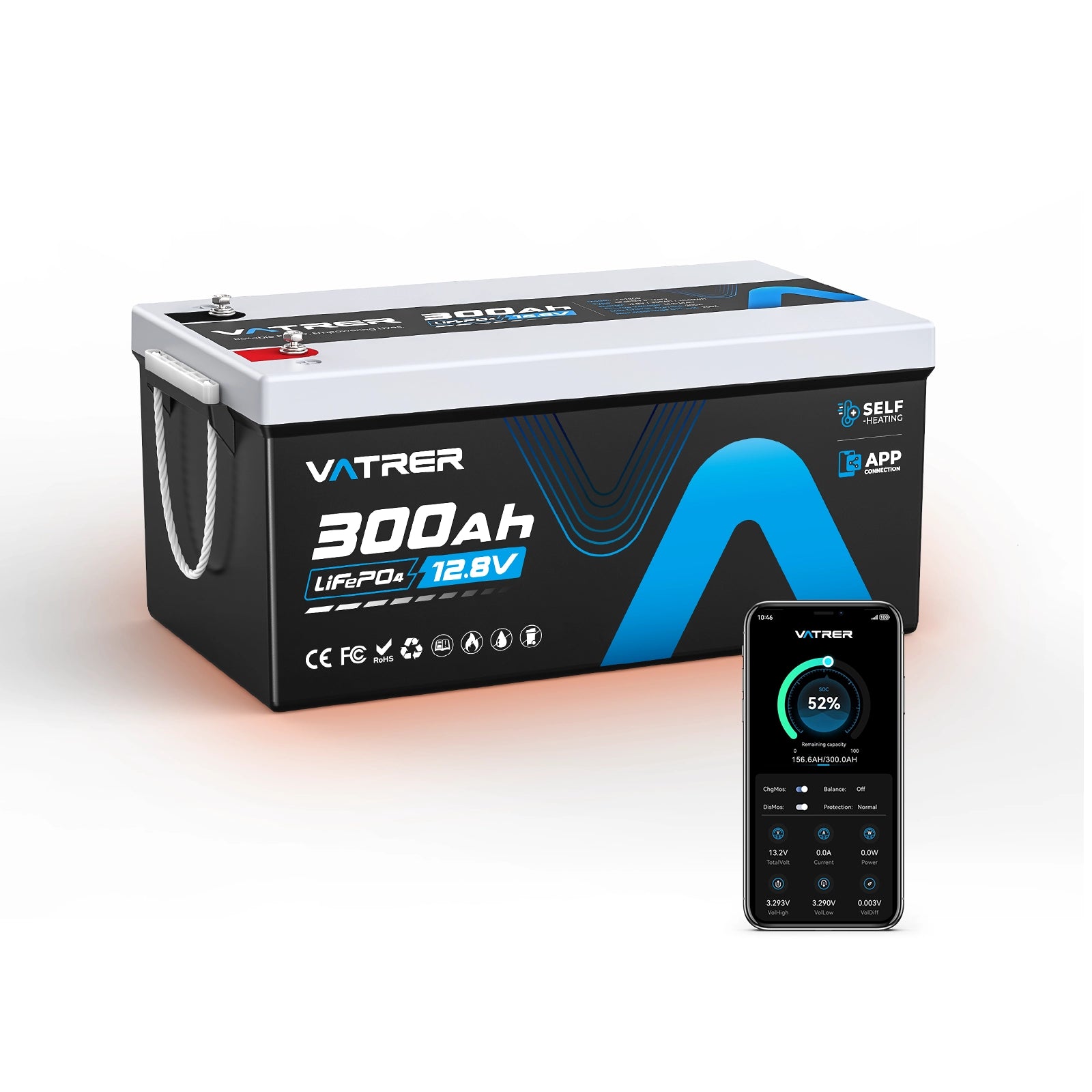 Vatrer 12V 300Ah Bluetooth LiFePO4 Lithium-Selbstheizbatterie