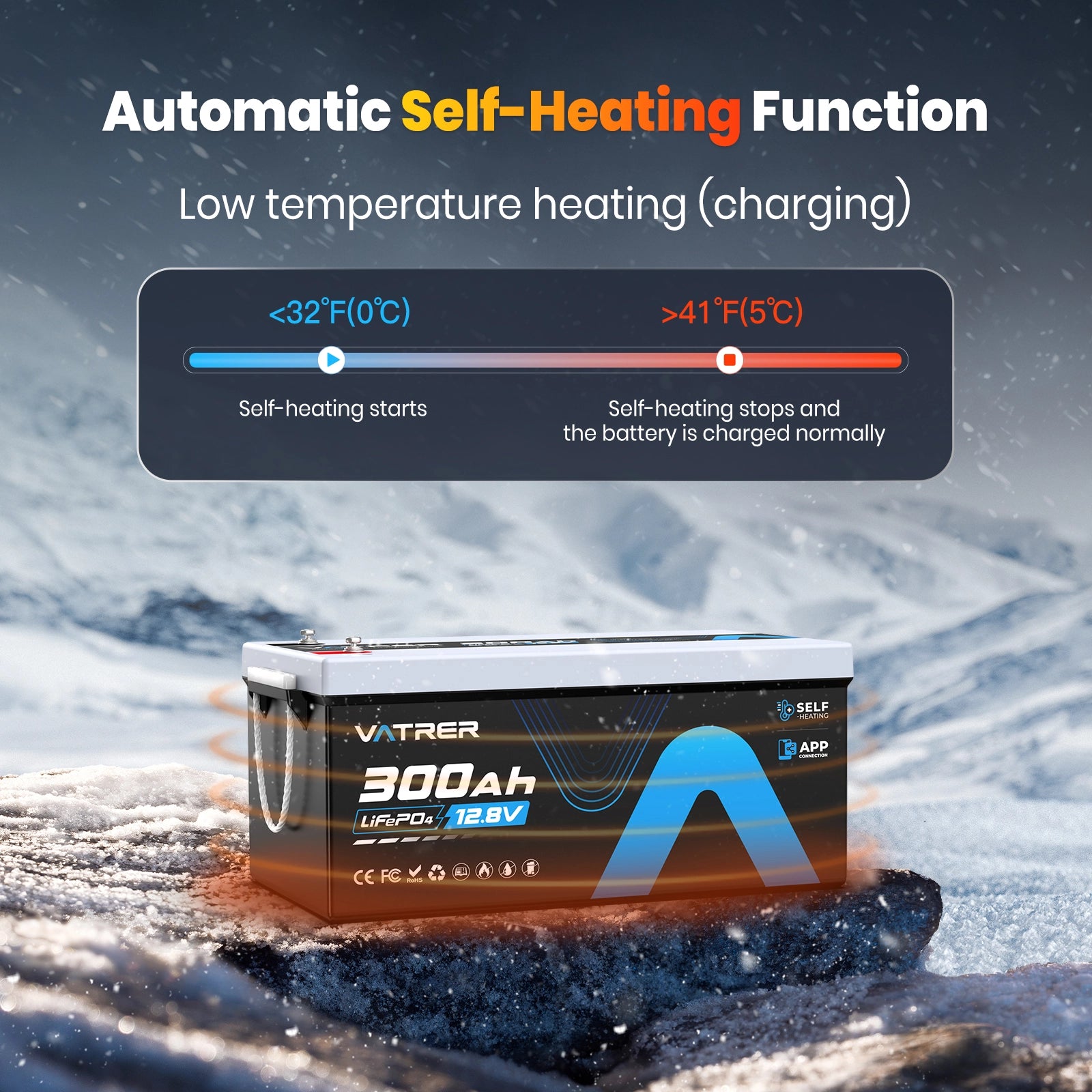 Vatrer 12V 300AH Bluetooth LiFePO4 Lithium Self-Heating Battery EU