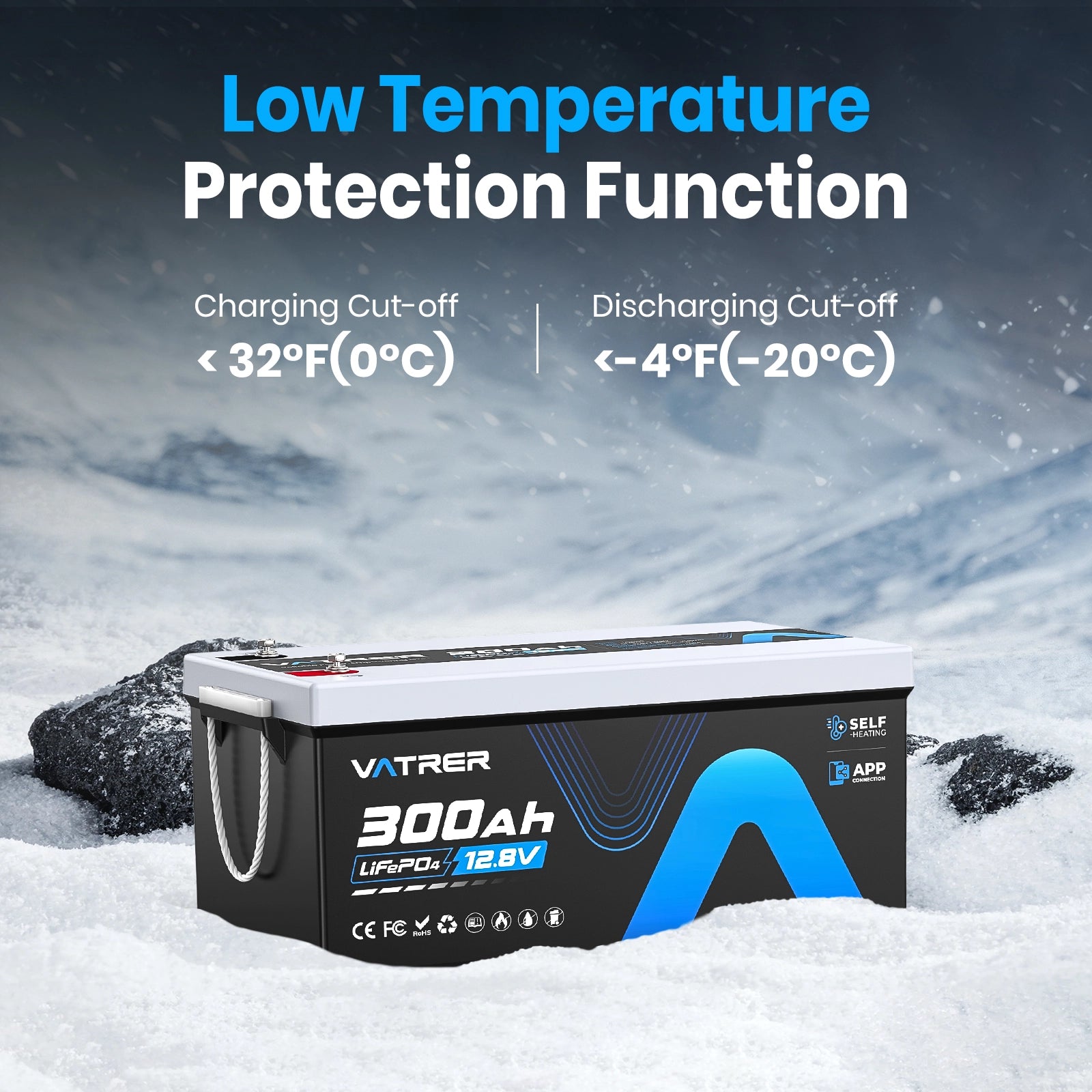 Vatrer 12V 300AH Bluetooth LiFePO4 Lithium Self-Heating Battery EU