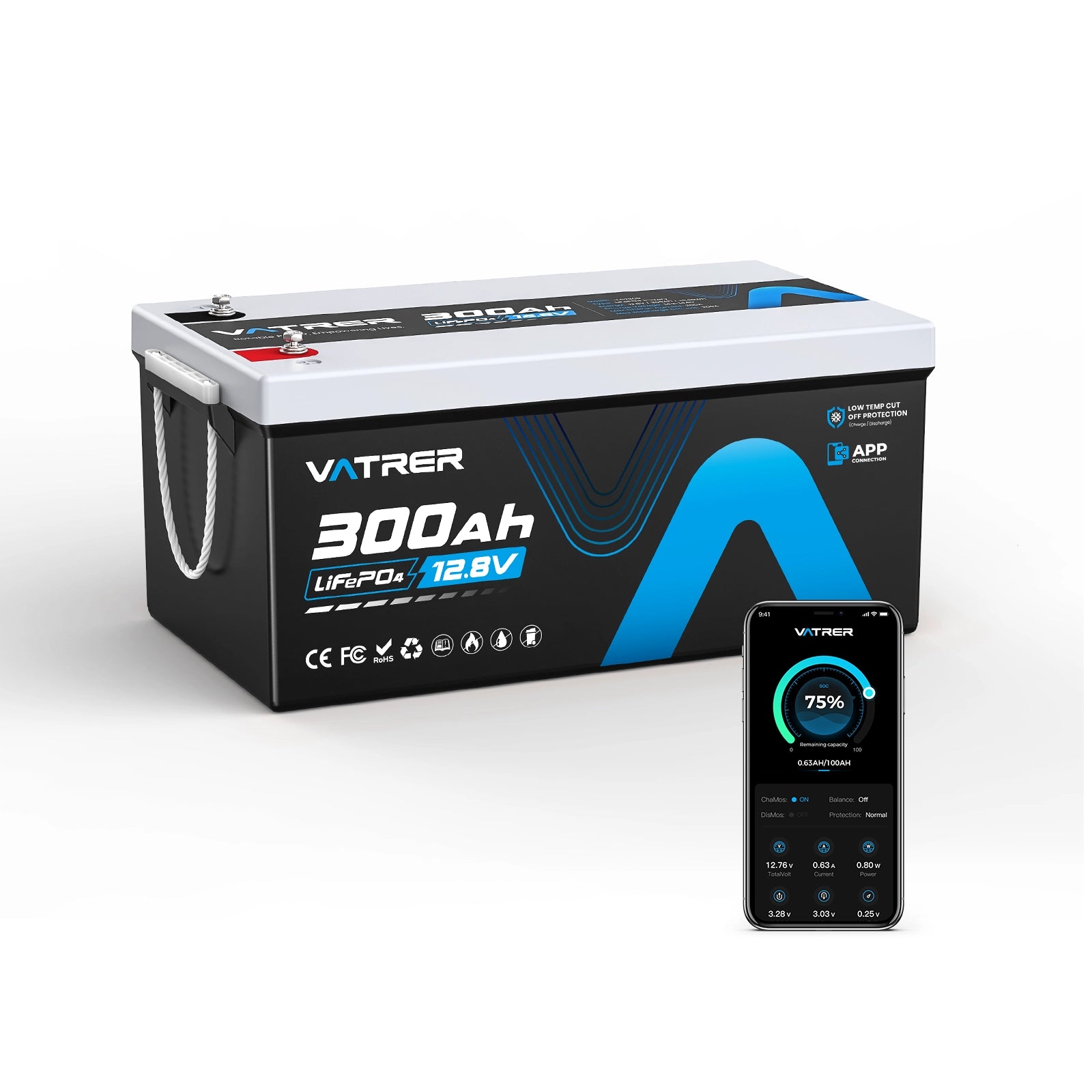 Vatrer 12V 300Ah Bluetooth LiFePO4 Lithium Battery EU