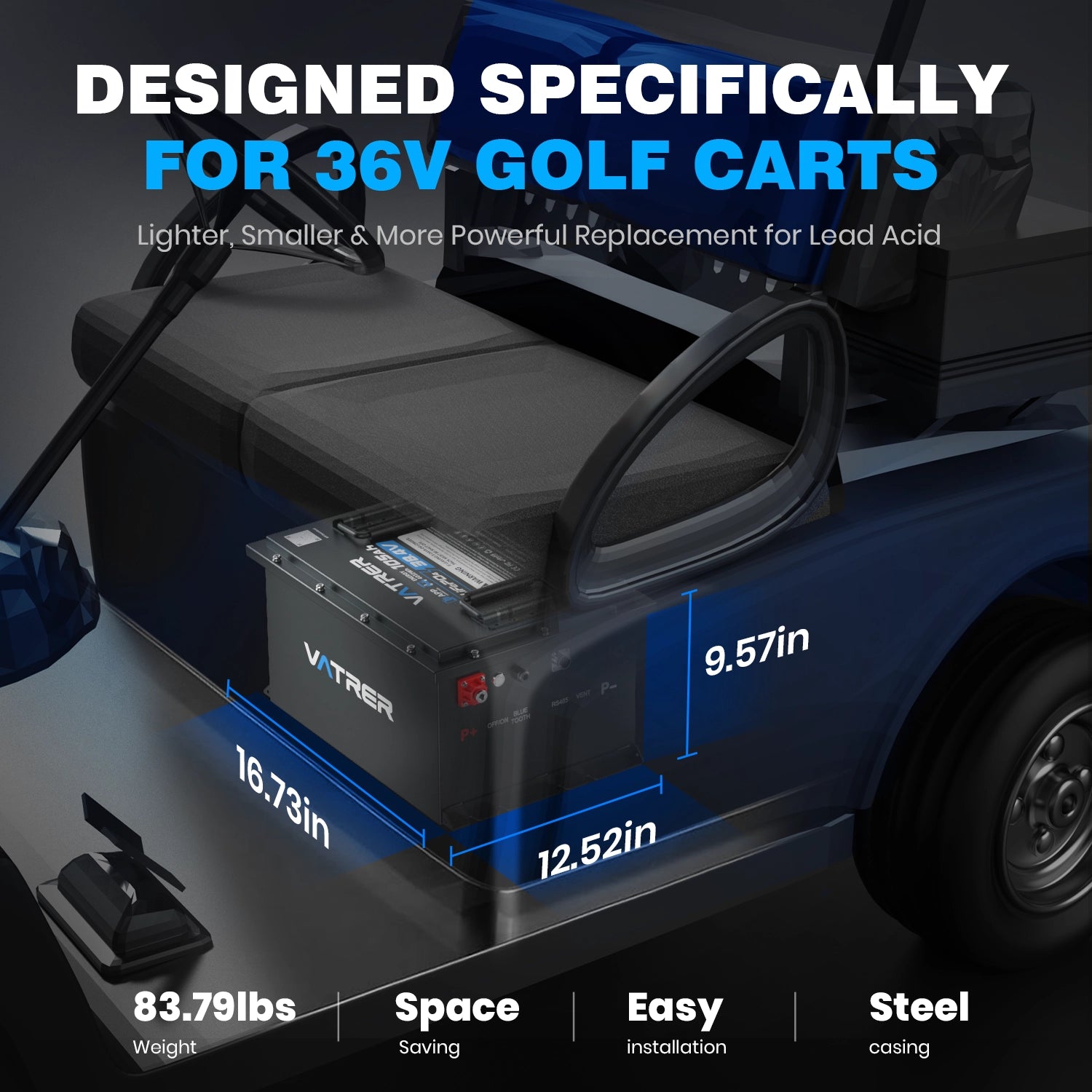 Vatrer 36V 105AH LiFePO4 Golf Cart Battery, 200A BMS, 4000+ Cycles, Max 7.68kW Power Output Lithium Battery EU