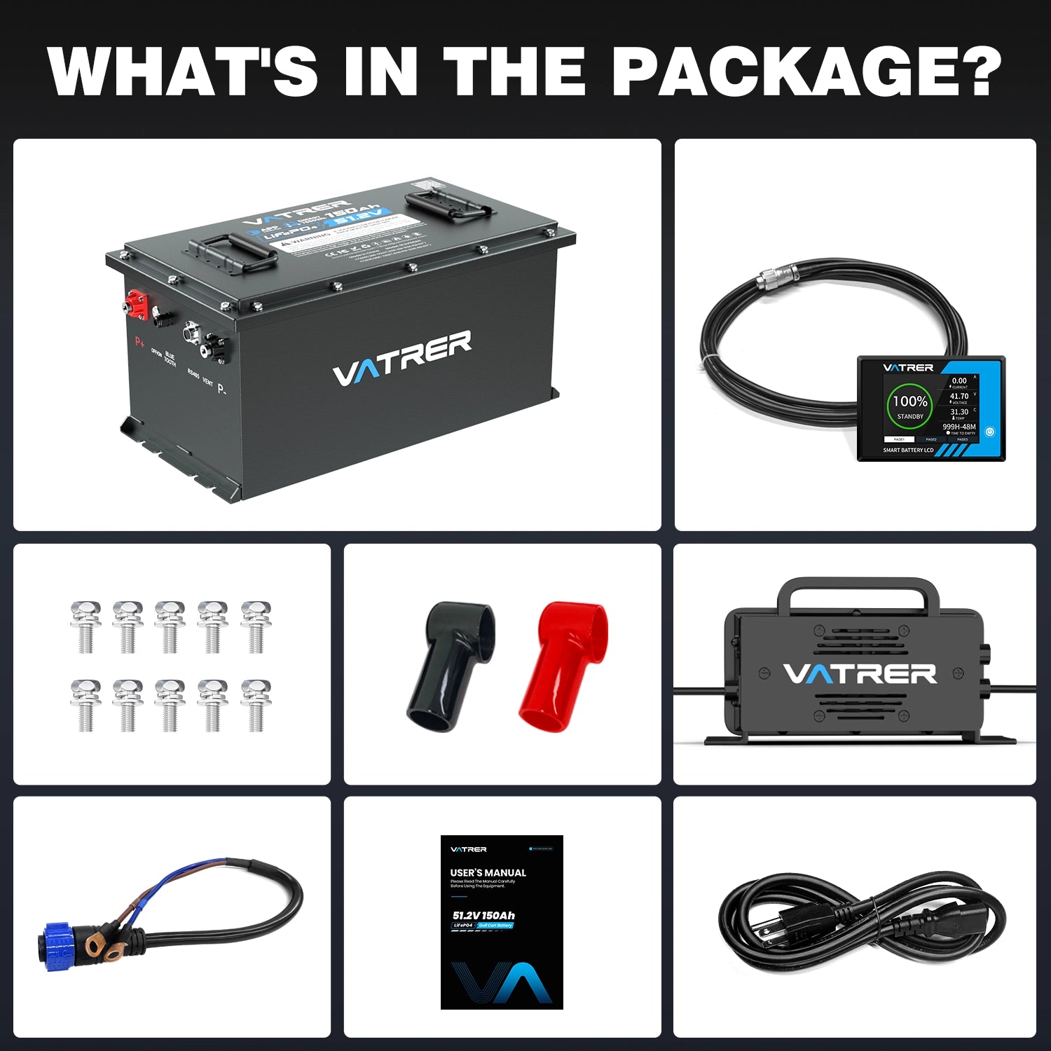 Vatrer 48V 150Ah High Capacity Lithium Golf Cart Battery, 200A BMS, 7680Wh, Max 10.24kW Power Output EU