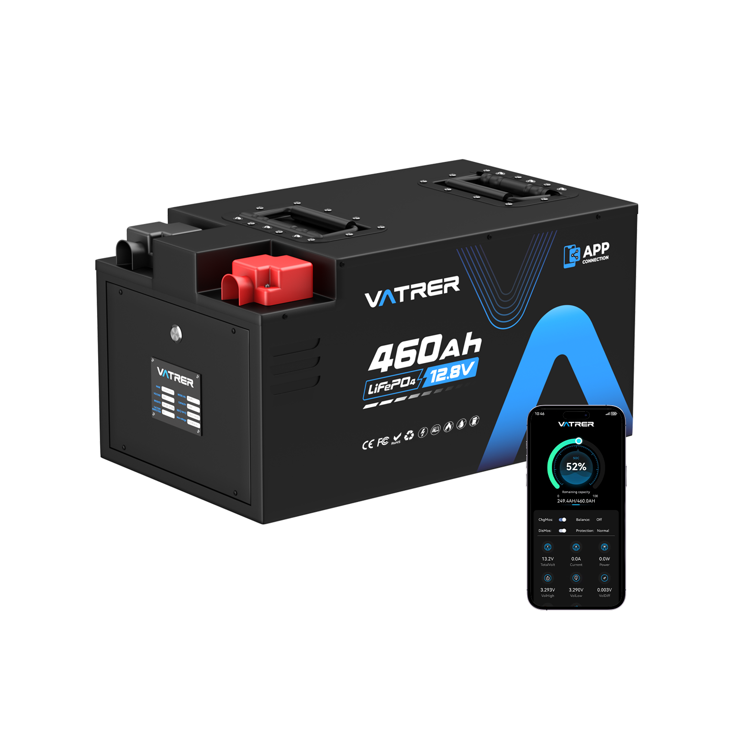 Vatrer 12V 460AH 300A BMS Low Temp Cutoff LiFePO4 RV Battery Bluetooth Version EU