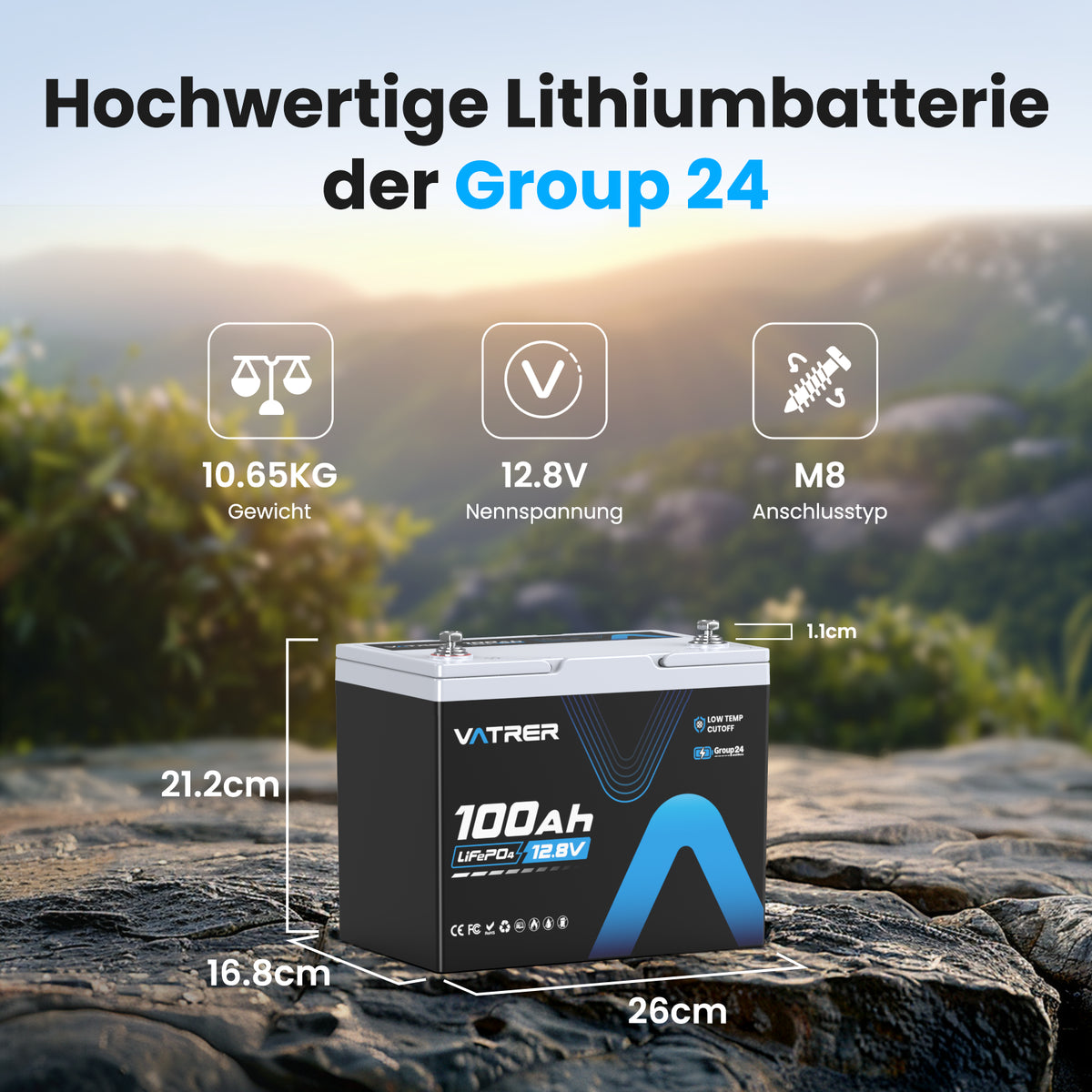 Vatrer 12V 100Ah Group 24 Lithium Batterie, 100A BMS Low Temp LiFePO4 Batterie