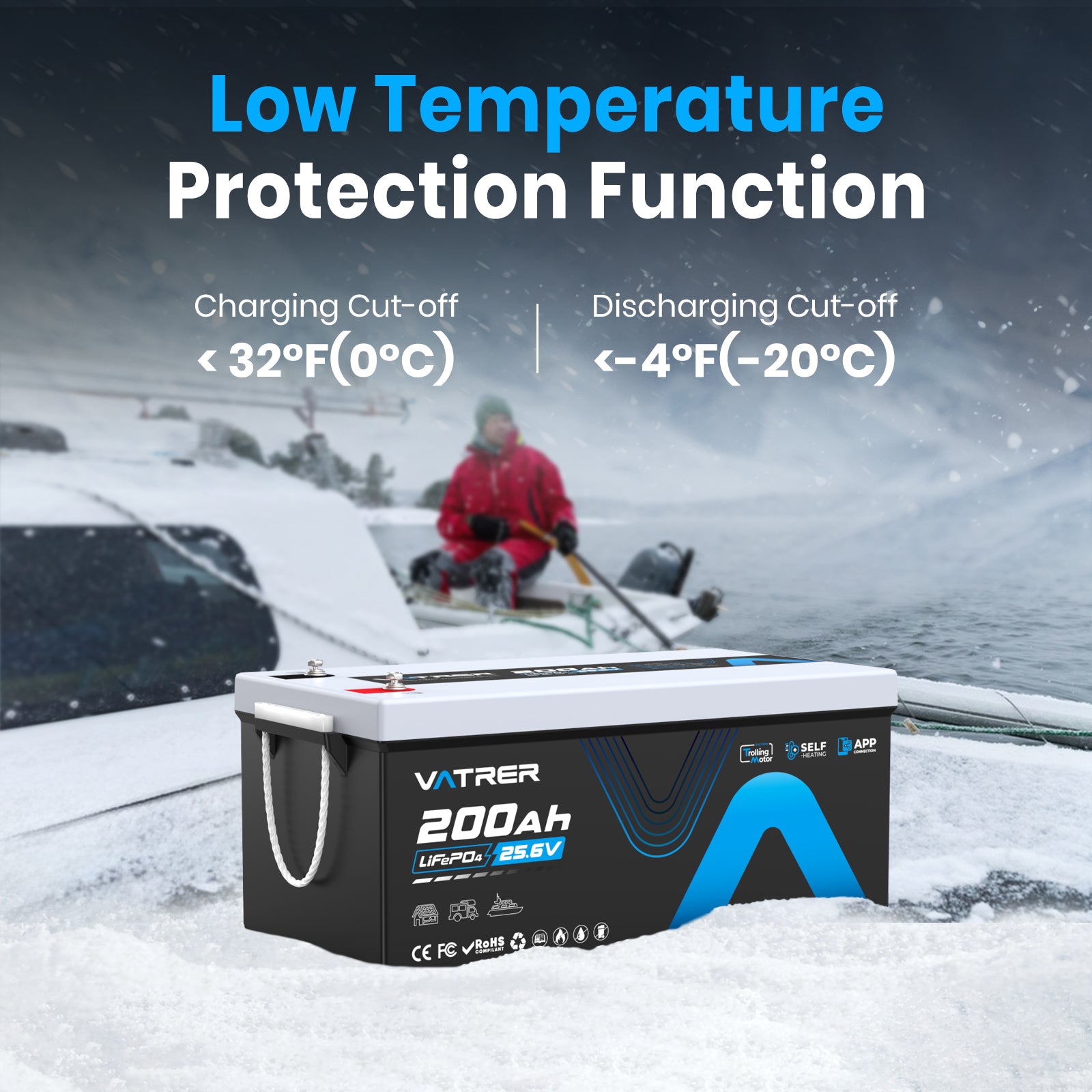 Vatrer 24V 200Ah Self-heating LiFePO4 Lithium Battery Bluetooth Version EU