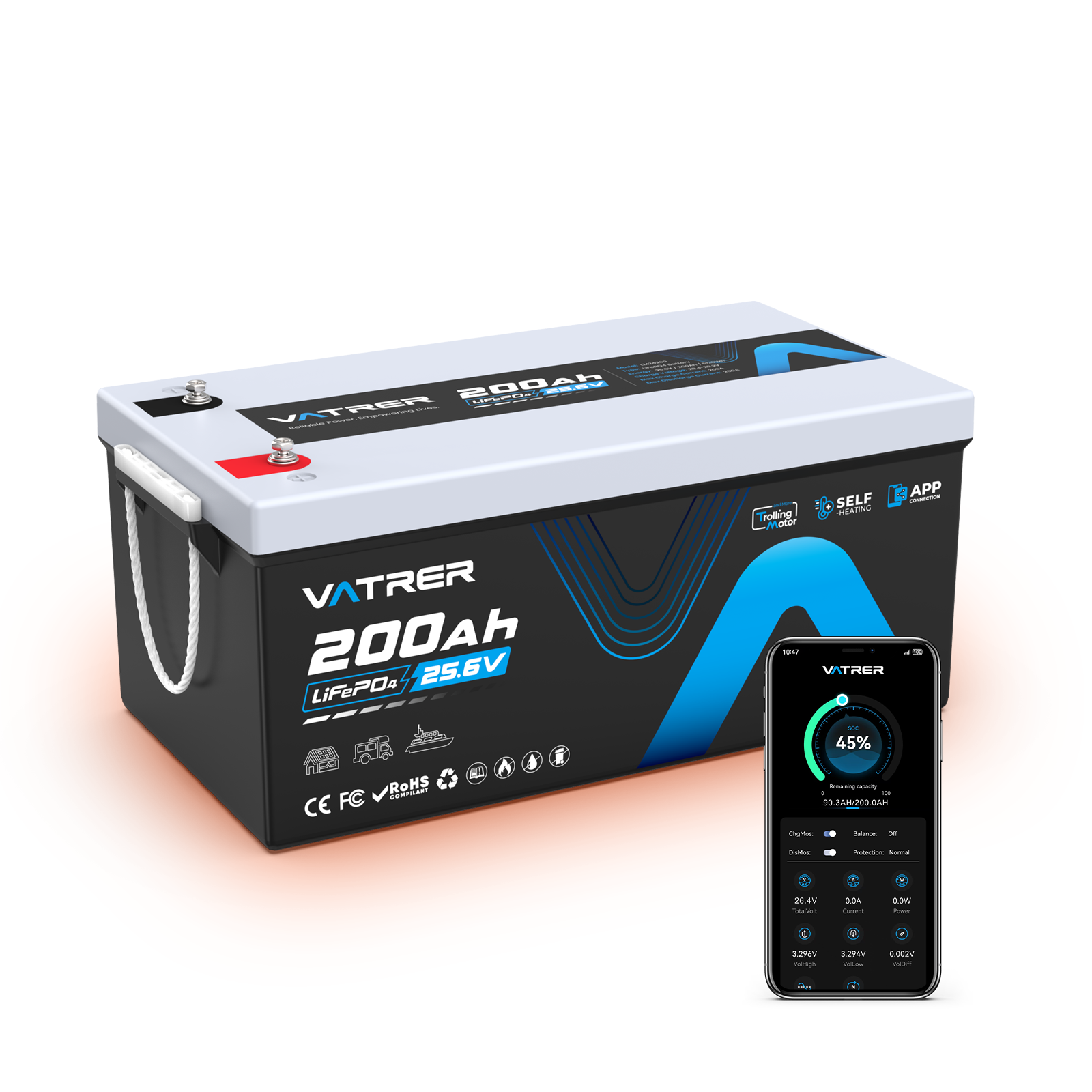 Vatrer 24V 200Ah Self-heating LiFePO4 Lithium Battery Bluetooth Version EU