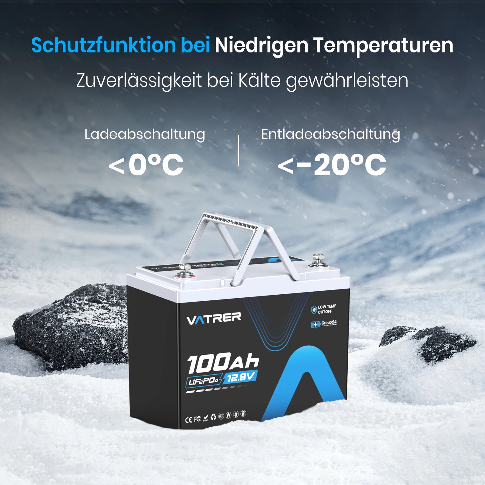 Vatrer 12V 100Ah Group 24 Lithium Batterie, 100A BMS Low Temp LiFePO4 Batterie