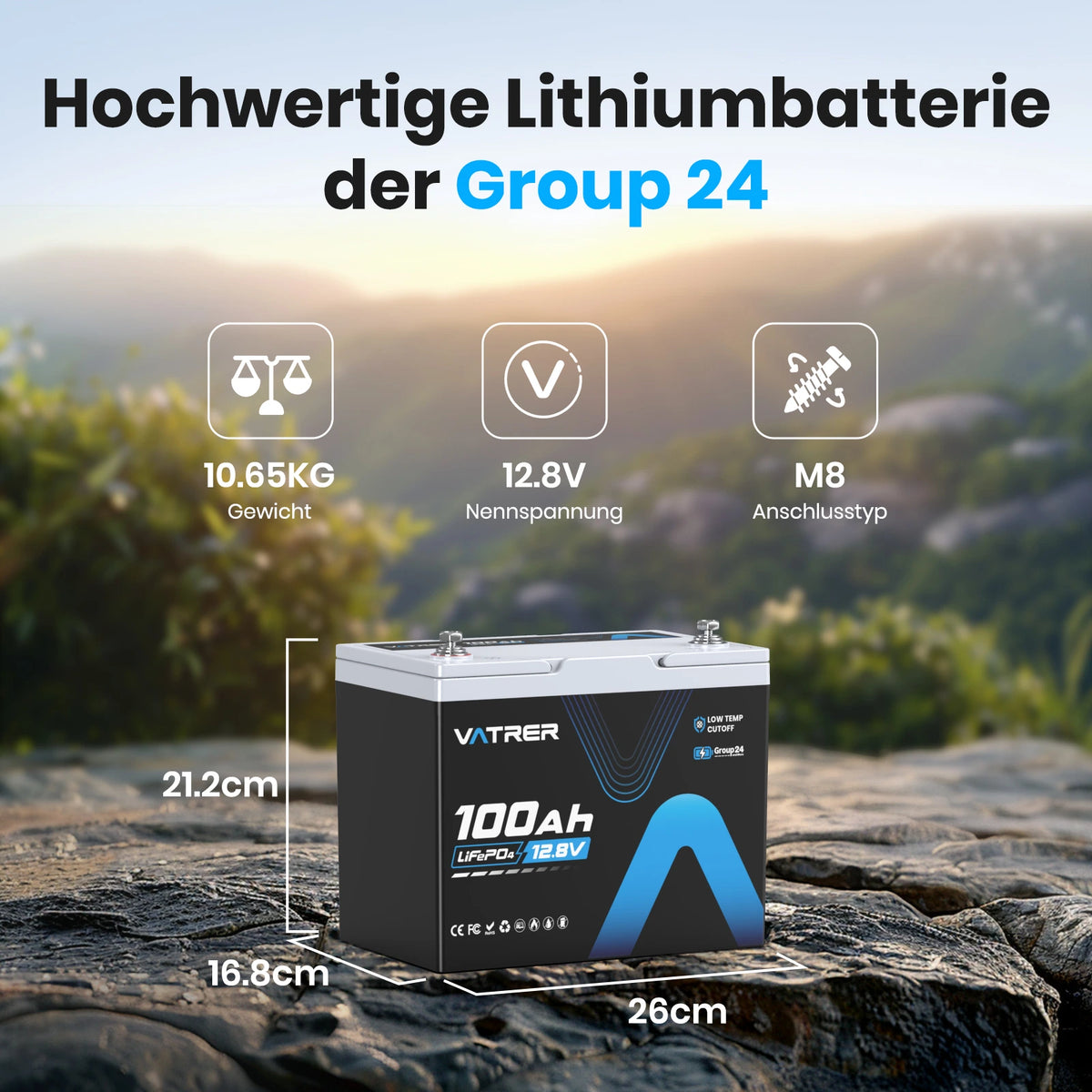 Vatrer 12V 100Ah Group 24 Lithium Batterie, 100A BMS Low Temp LiFePO4 Batterie