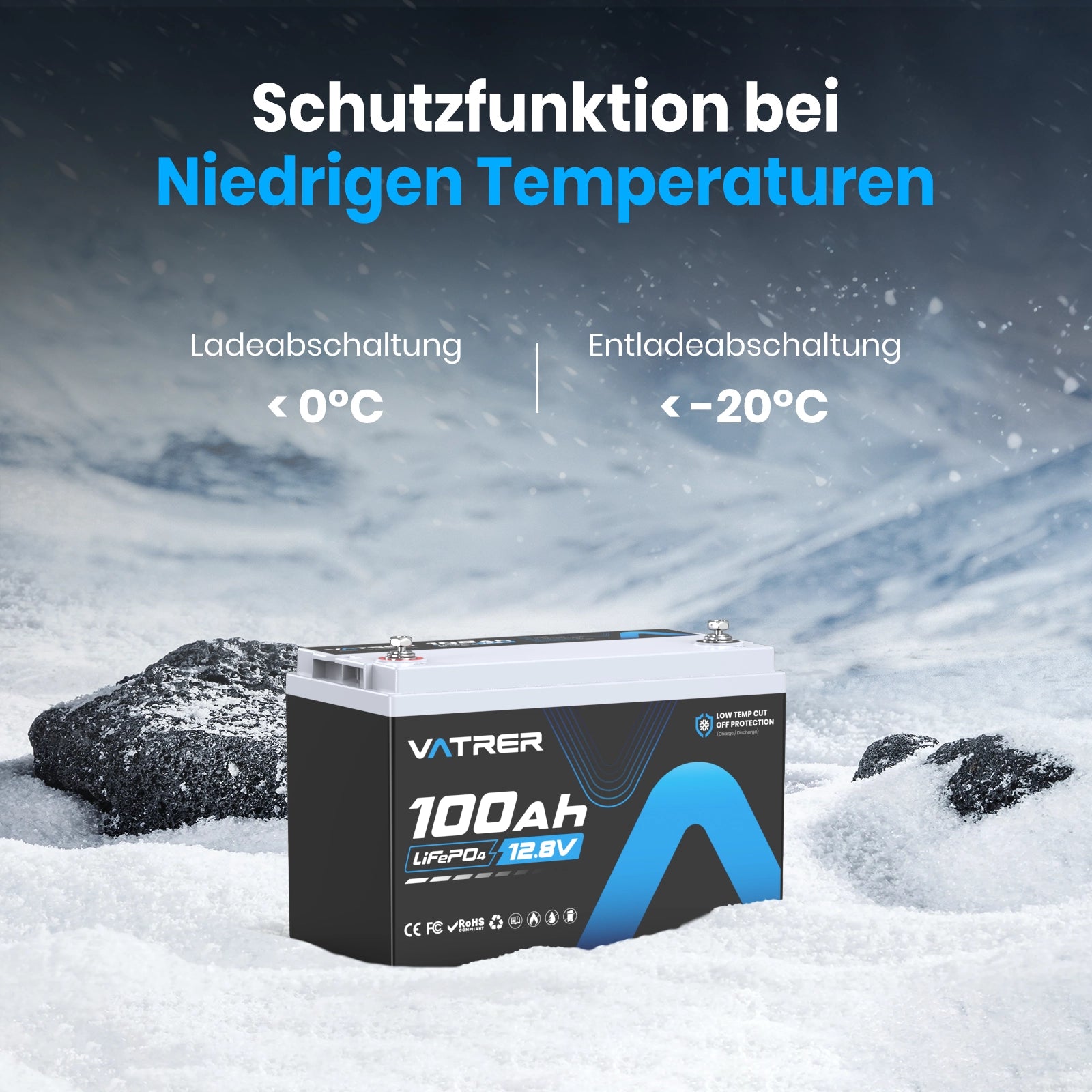 Vatrer 12V 100Ah Niedrige Temperatur Abschaltung Lifepo4 Lithium Batterie