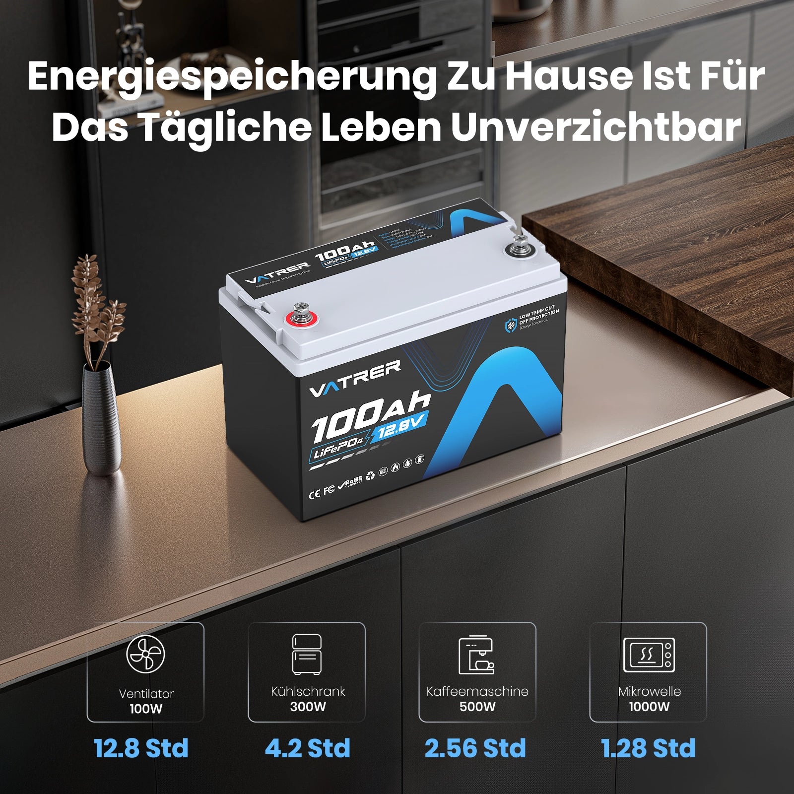 Vatrer 12V 100Ah Niedrige Temperatur Abschaltung Lifepo4 Lithium Batterie