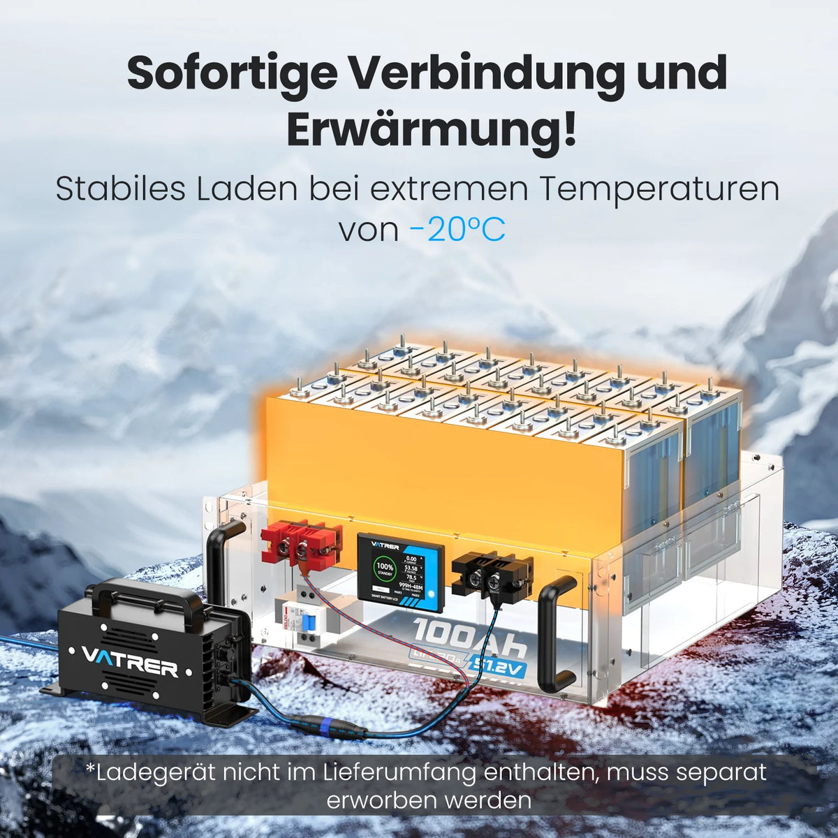 Vatrer 48V (51,2V) 100Ah Selbstwärmende Lithium-Solarbatterie, Max. 5120W Ausgangsleistung