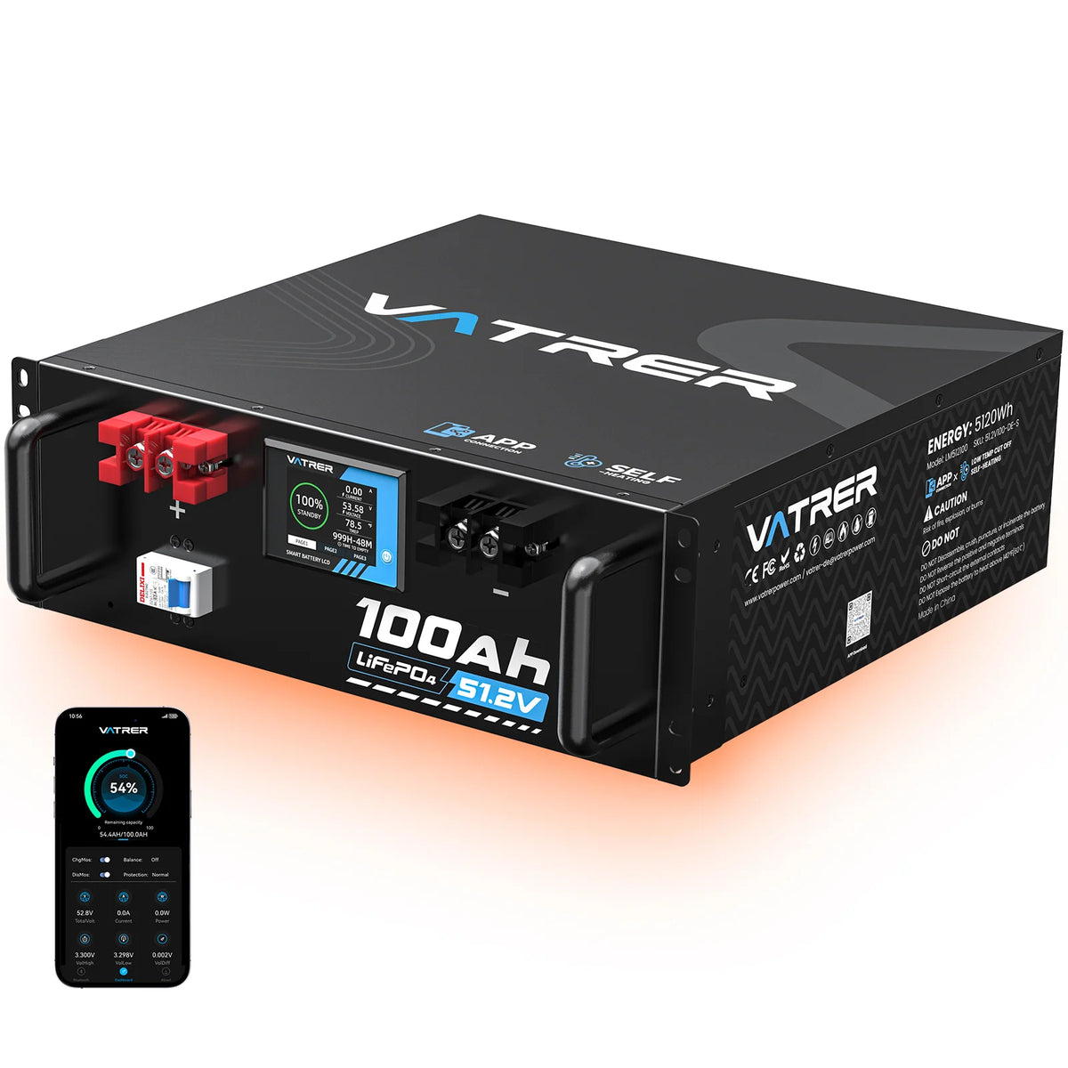 Vatrer 48V (51,2V) 100Ah Selbstwärmende Lithium-Solarbatterie, Max. 5120W Ausgangsleistung