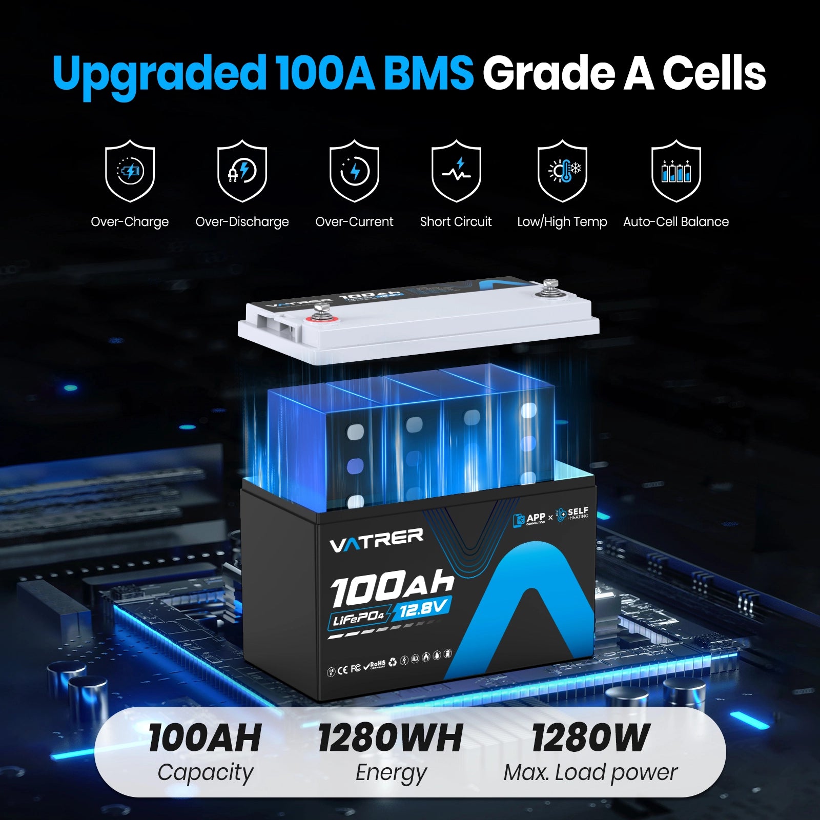 Vatrer 12V 100AH LiFePO4 Self-Heated Lithium Battery with Bluetooth EU
