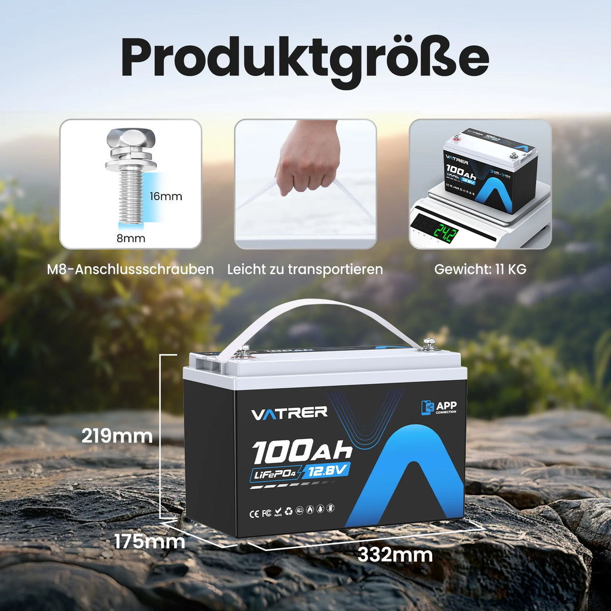 Vatrer 12V 100Ah LiFePO4 Lithium Akku mit Bluetooth, Abschaltung bei niedriger Temperatur