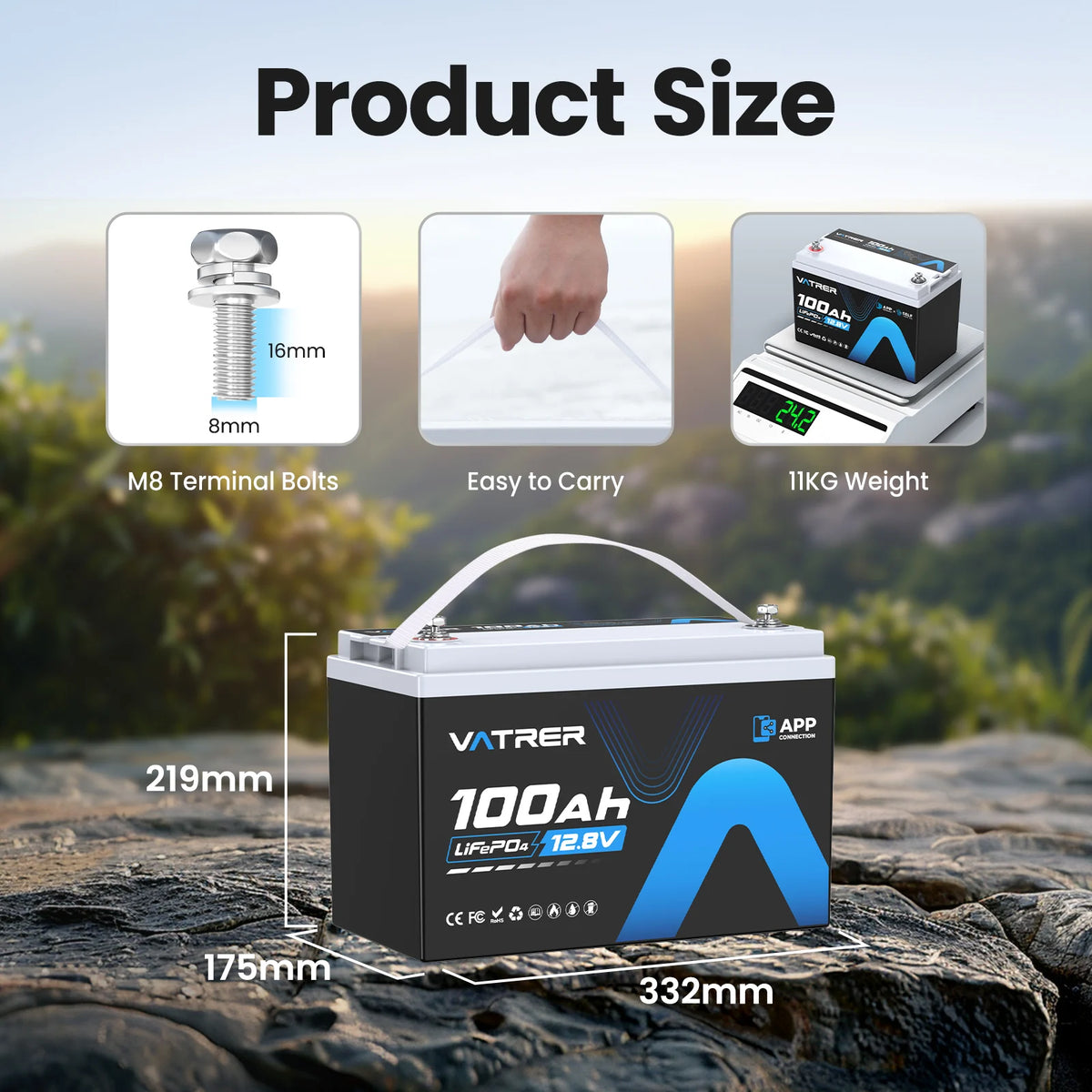 Vatrer 12V 100Ah Bluetooth LiFePO4 Lithium Battery with Low Temp Cutoff EU