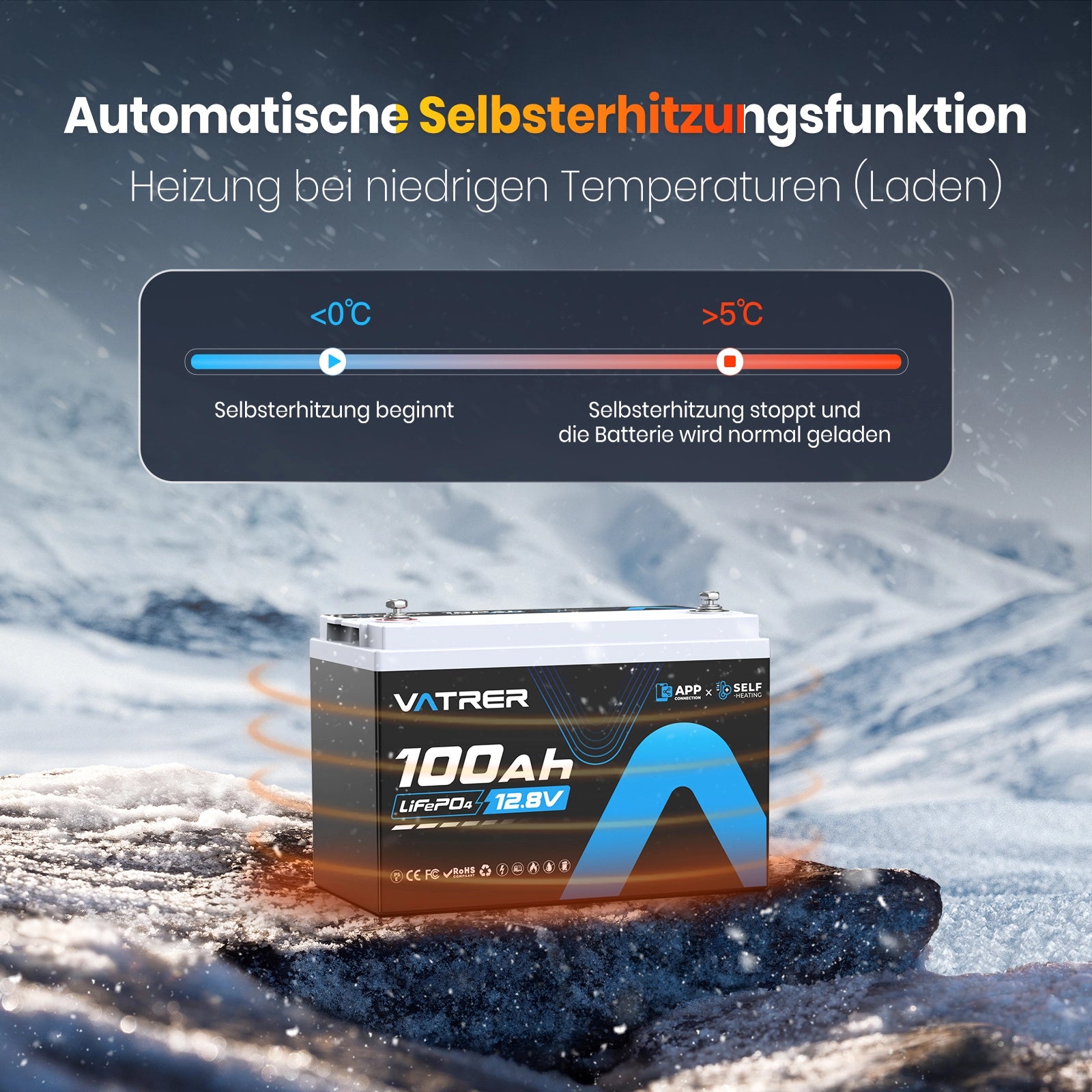 Vatrer 12V 100AH LiFePO4 Lithiumbatterie mit APP Überwachung und Selbsterwärmung Bluetooth Version
