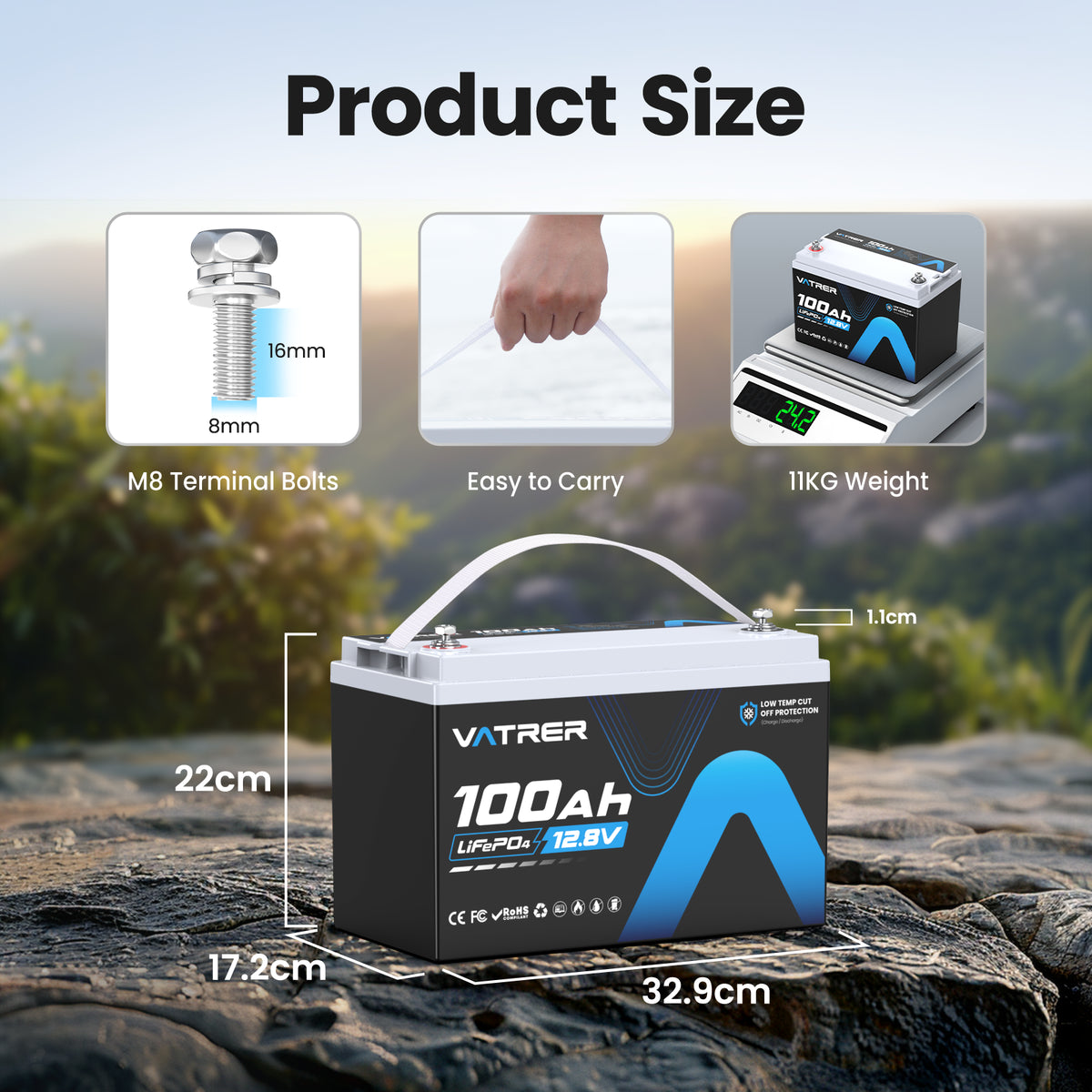 Vatrer 12V 100Ah Low Temp Cutoff LiFePO4 Lithium Battery EU