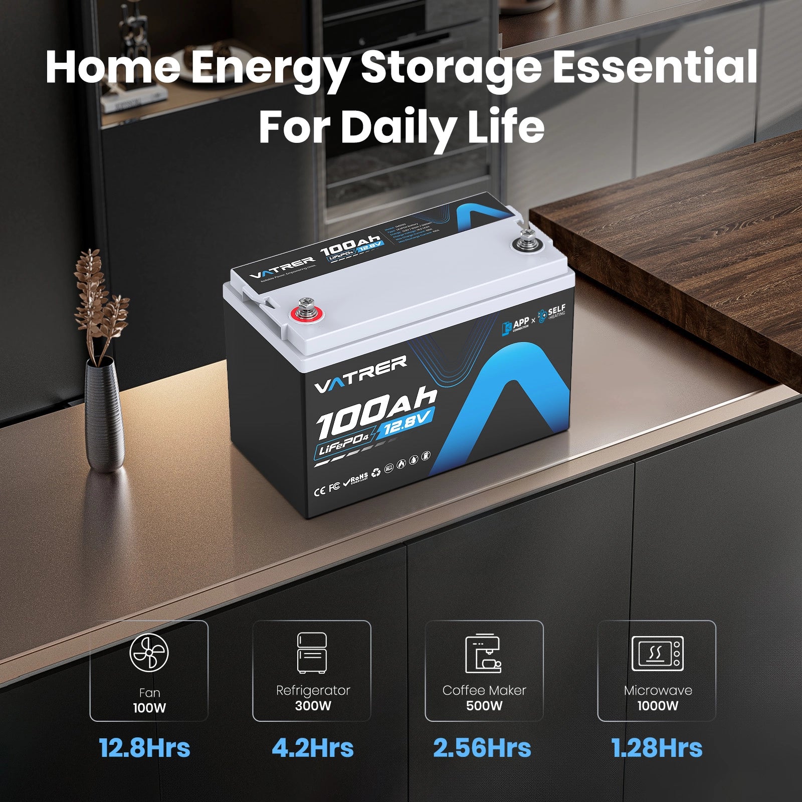 Vatrer 12V 100AH LiFePO4 Self-Heated Lithium Battery with Bluetooth EU