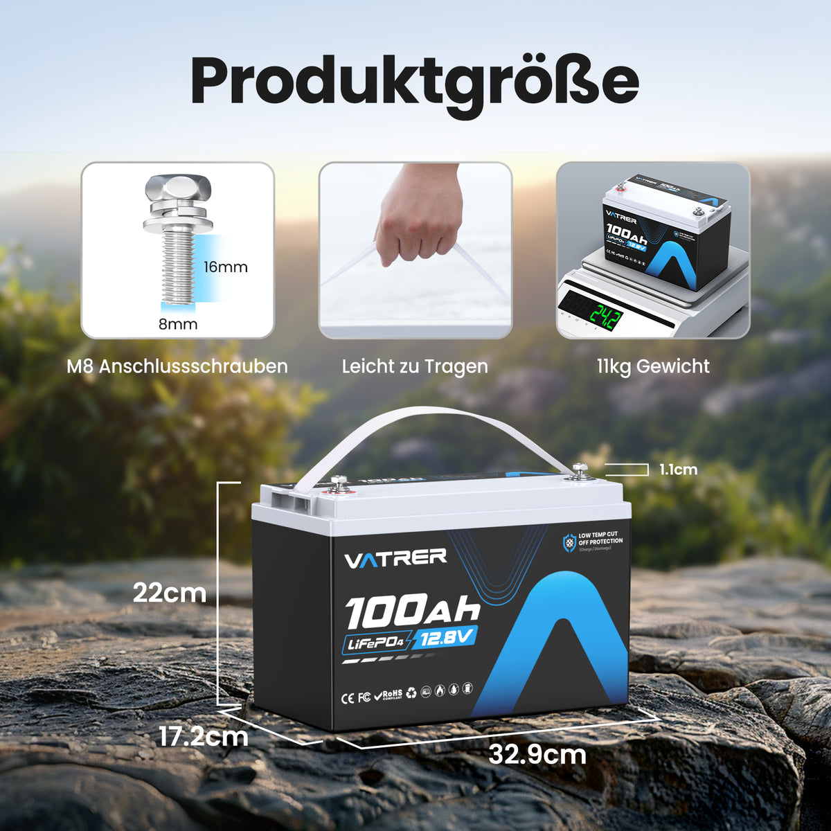 Vatrer 12V 100Ah Niedrige Temperatur Abschaltung Lifepo4 Lithium Batterie