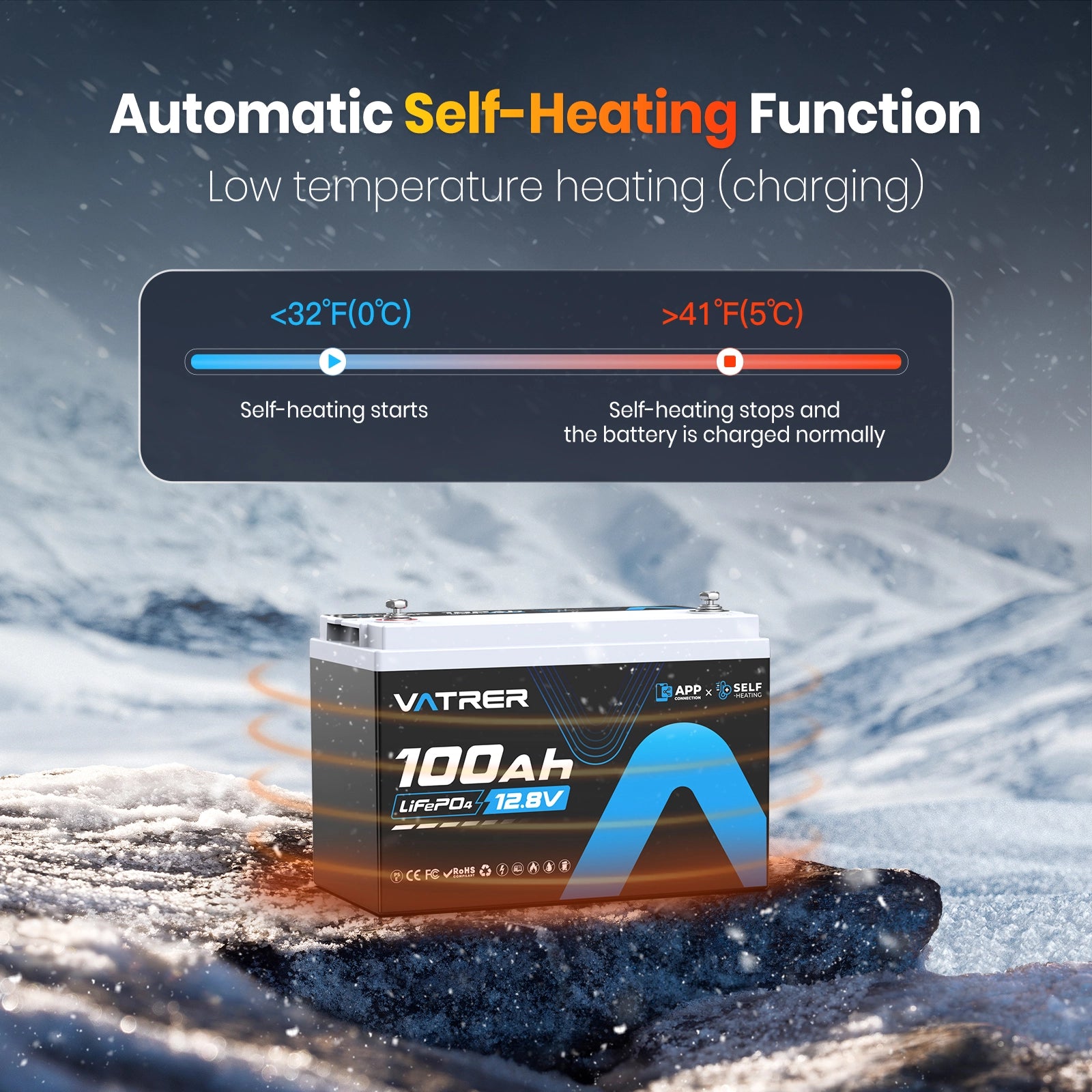 Vatrer 12V 100AH LiFePO4 Self-Heated Lithium Battery with Bluetooth EU