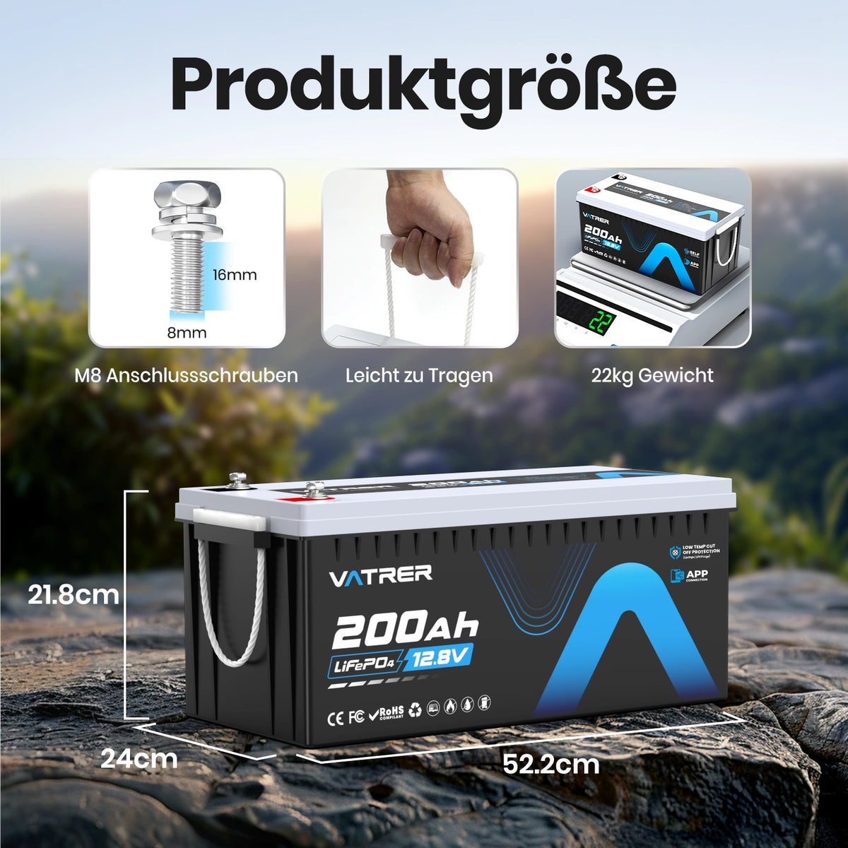 Vatrer 12V 200Ah Plus Lithium batterie mit Bluetooth 200A BMS