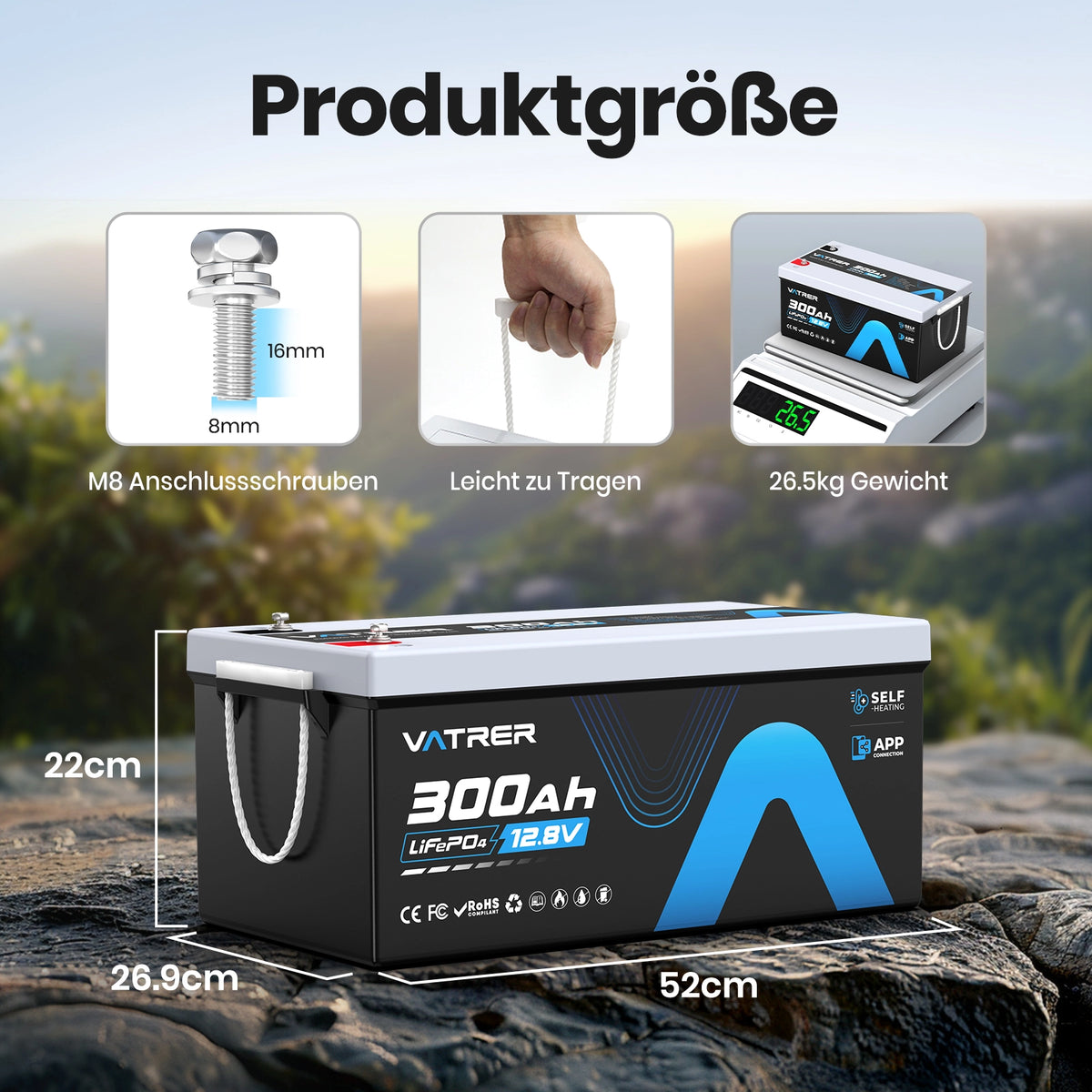 Vatrer 12V 300Ah Bluetooth LiFePO4 Lithium-Selbstheizbatterie