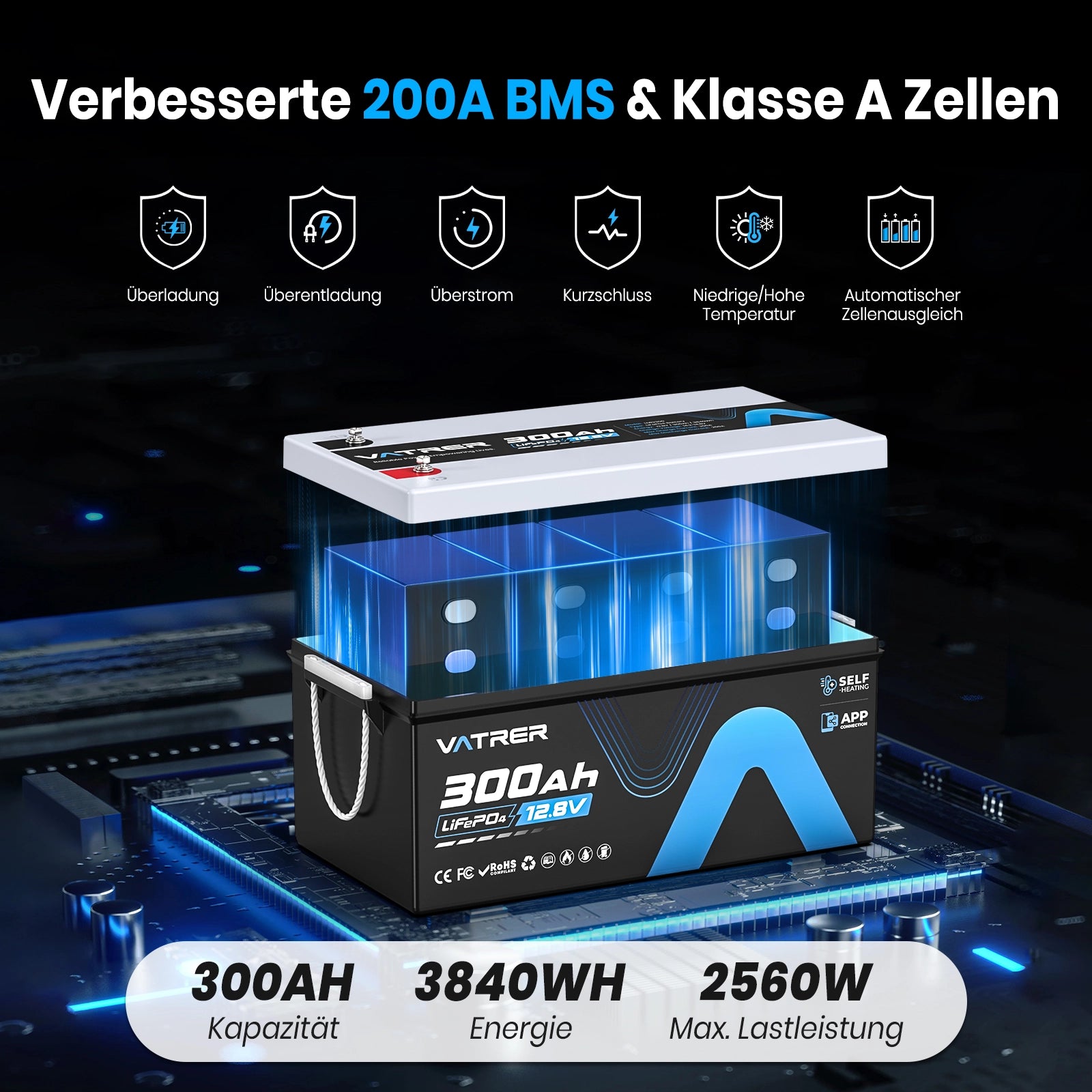Vatrer 12V 300Ah Bluetooth LiFePO4 Lithium-Selbstheizbatterie