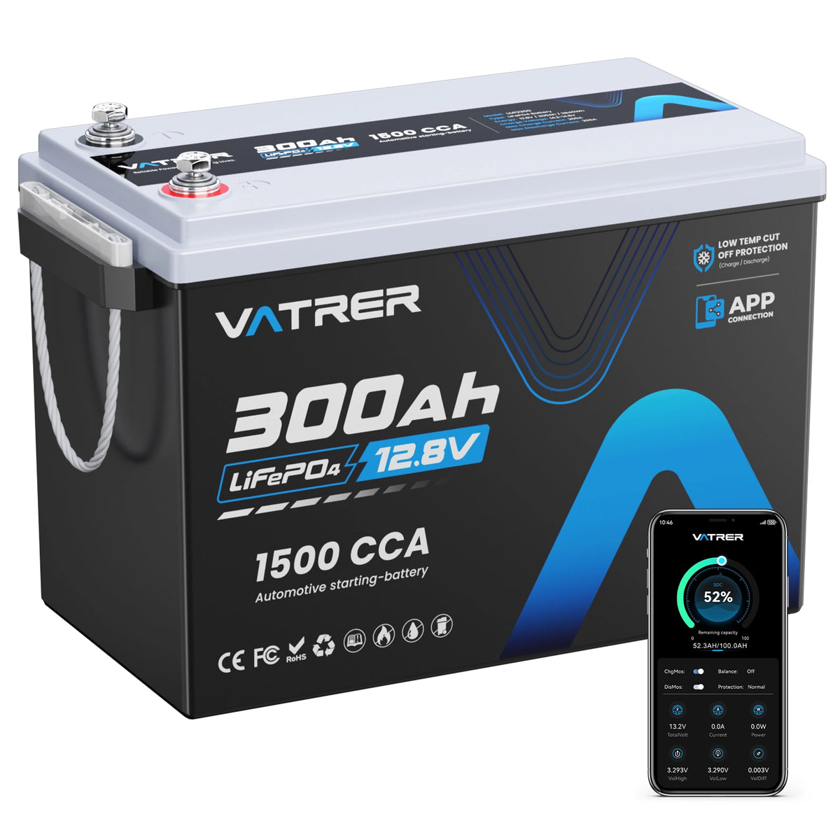 Vatrer 12V 300Ah LiFePO4 Lithium Batterie mit Bluetooth
