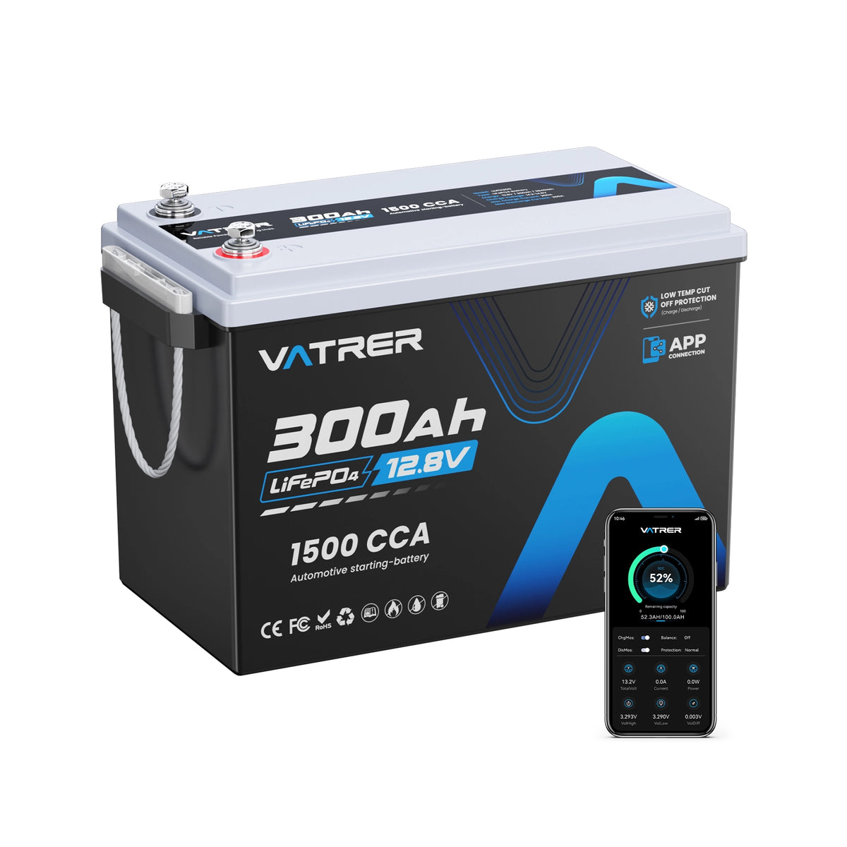 Vatrer 12V 300Ah LiFePO4 Lithium Batterie mit Bluetooth