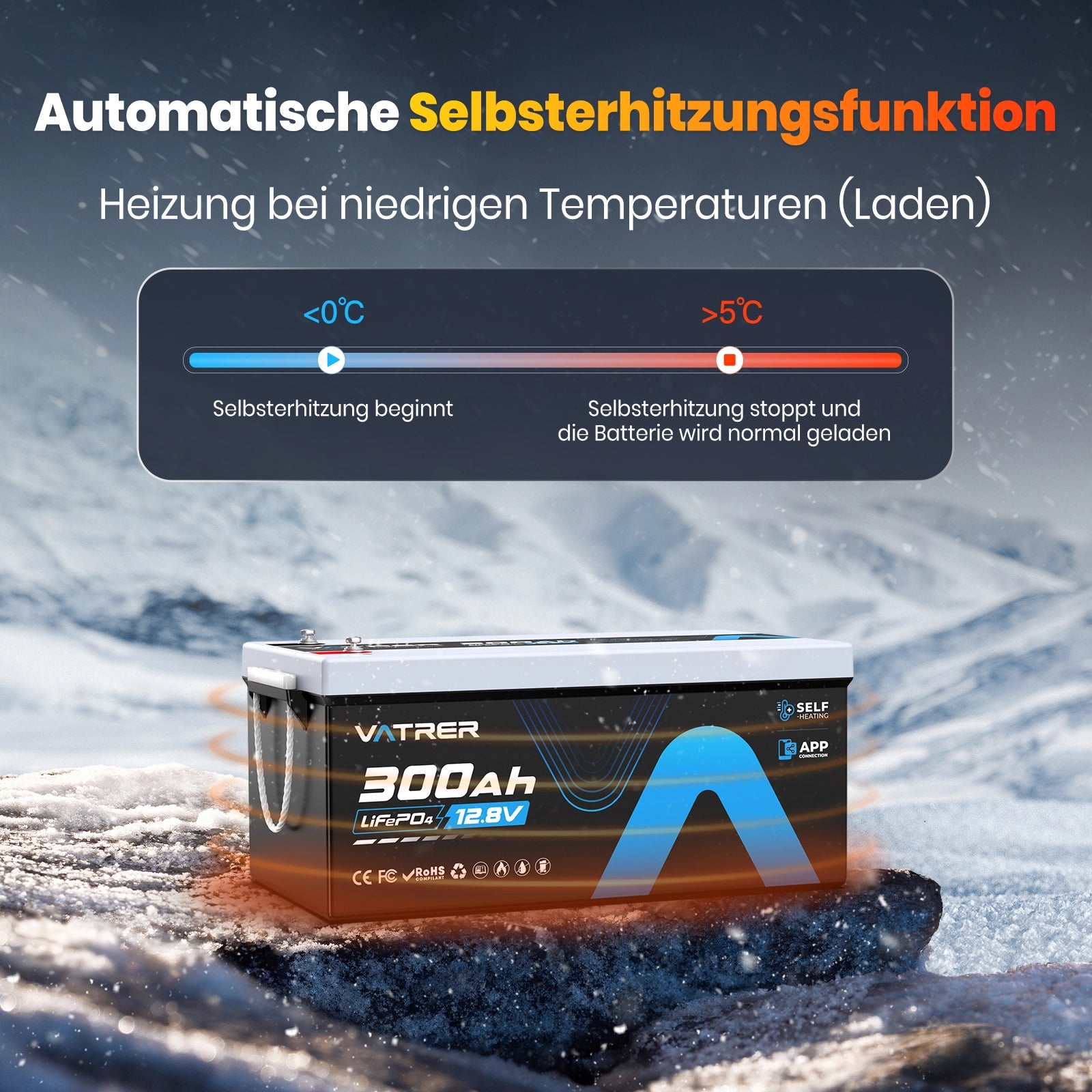 Vatrer 12V 300Ah Bluetooth LiFePO4 Lithium-Selbstheizbatterie