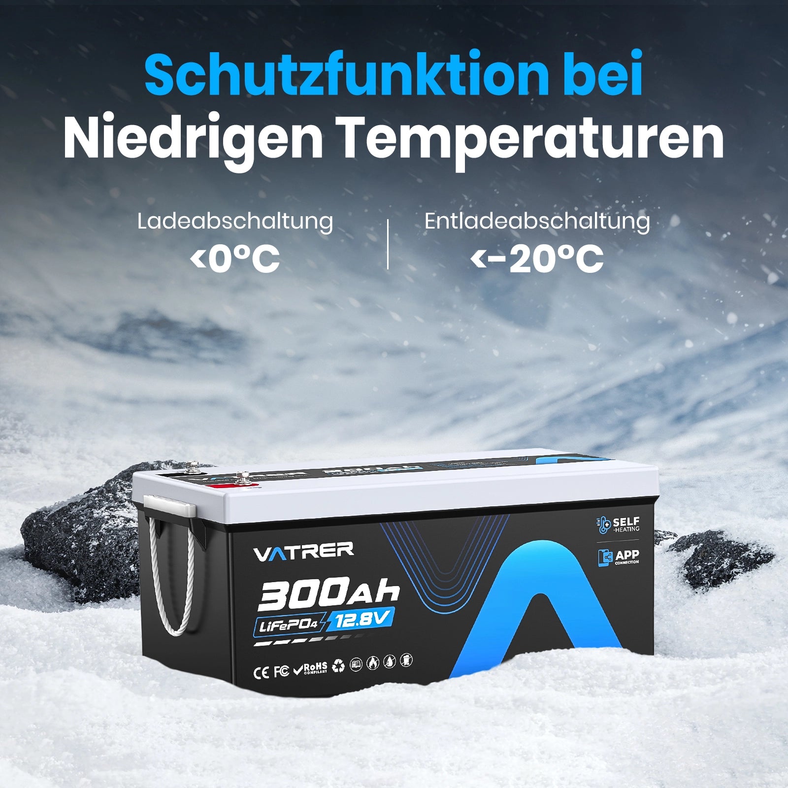 Vatrer 12V 300Ah Bluetooth LiFePO4 Lithium-Selbstheizbatterie