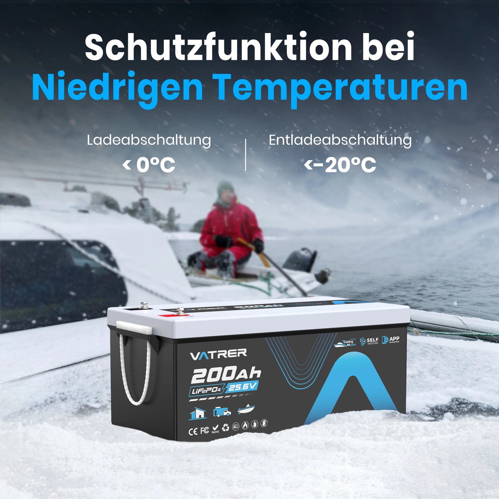 Vatrer 24V 200Ah Lithium batterie selbstheizende Bluetooth Version, integriertes 200A BMS, 5000+Zyklen – LiFePO4-Batterien mit Abschaltung bei niedriger Temperatur
