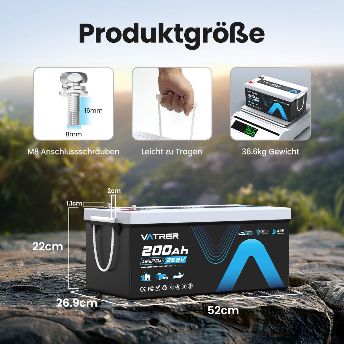 Vatrer 24V 200Ah Lithium batterie selbstheizende Bluetooth Version, integriertes 200A BMS, 5000+Zyklen – LiFePO4-Batterien mit Abschaltung bei niedriger Temperatur