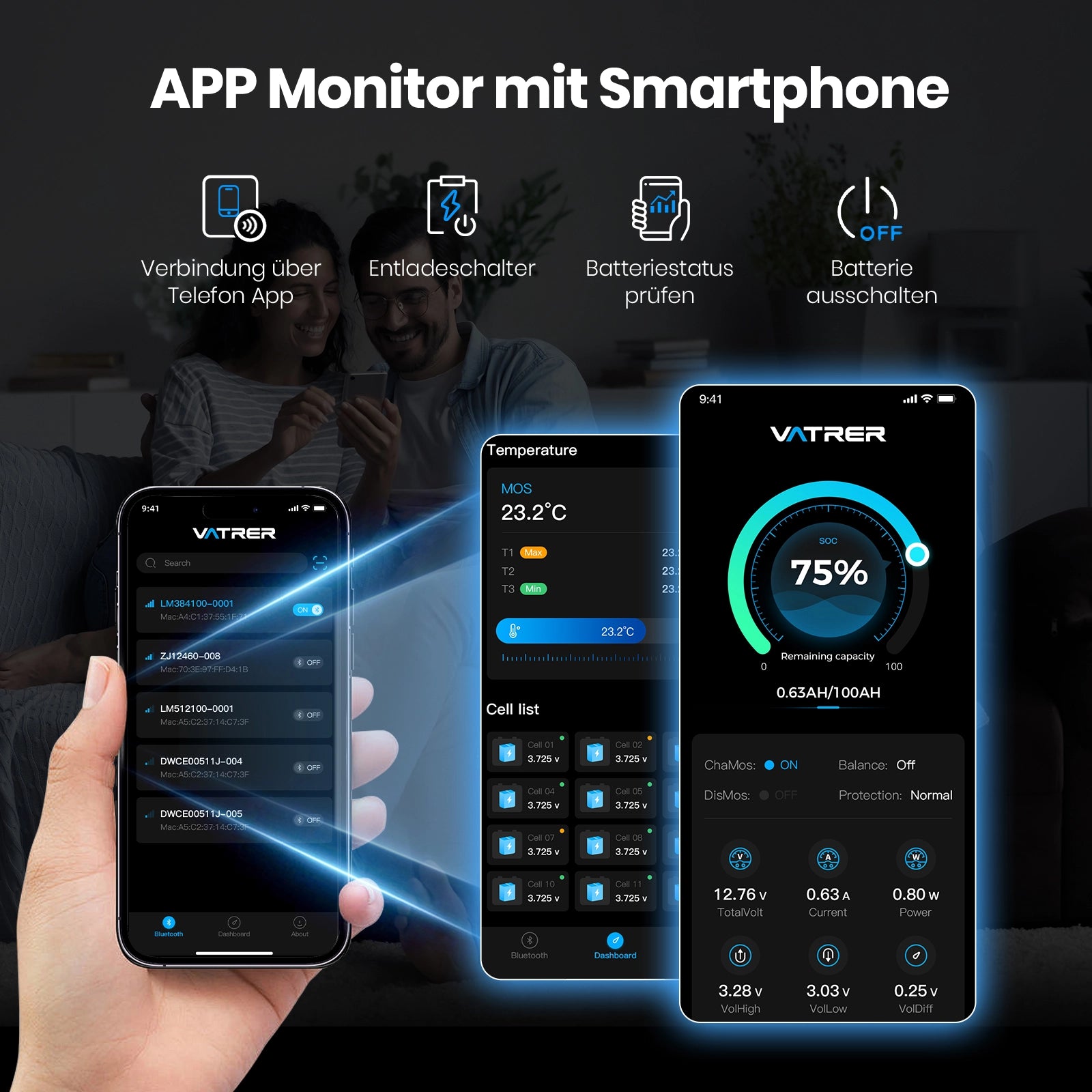 Vatrer 24V 200Ah Lithium batterie selbstheizende Bluetooth Version, integriertes 200A BMS, 5000+Zyklen – LiFePO4-Batterien mit Abschaltung bei niedriger Temperatur