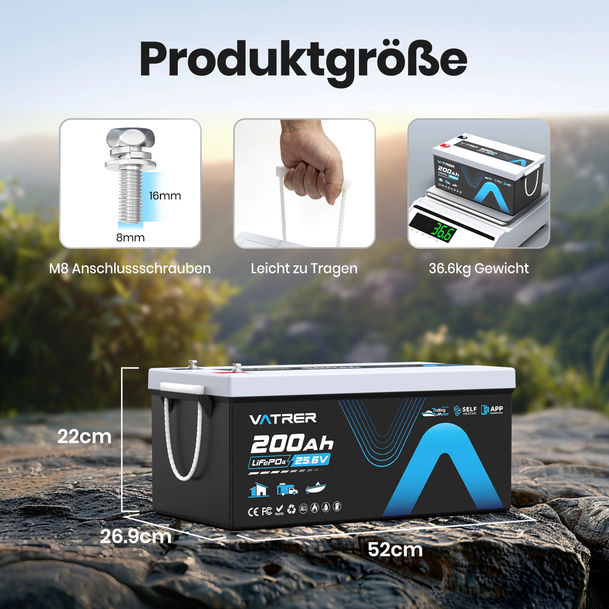 Vatrer 24V 200Ah Lithium batterie selbstheizende Bluetooth Version, integriertes 200A BMS, 5000+Zyklen – LiFePO4-Batterien mit Abschaltung bei niedriger Temperatur