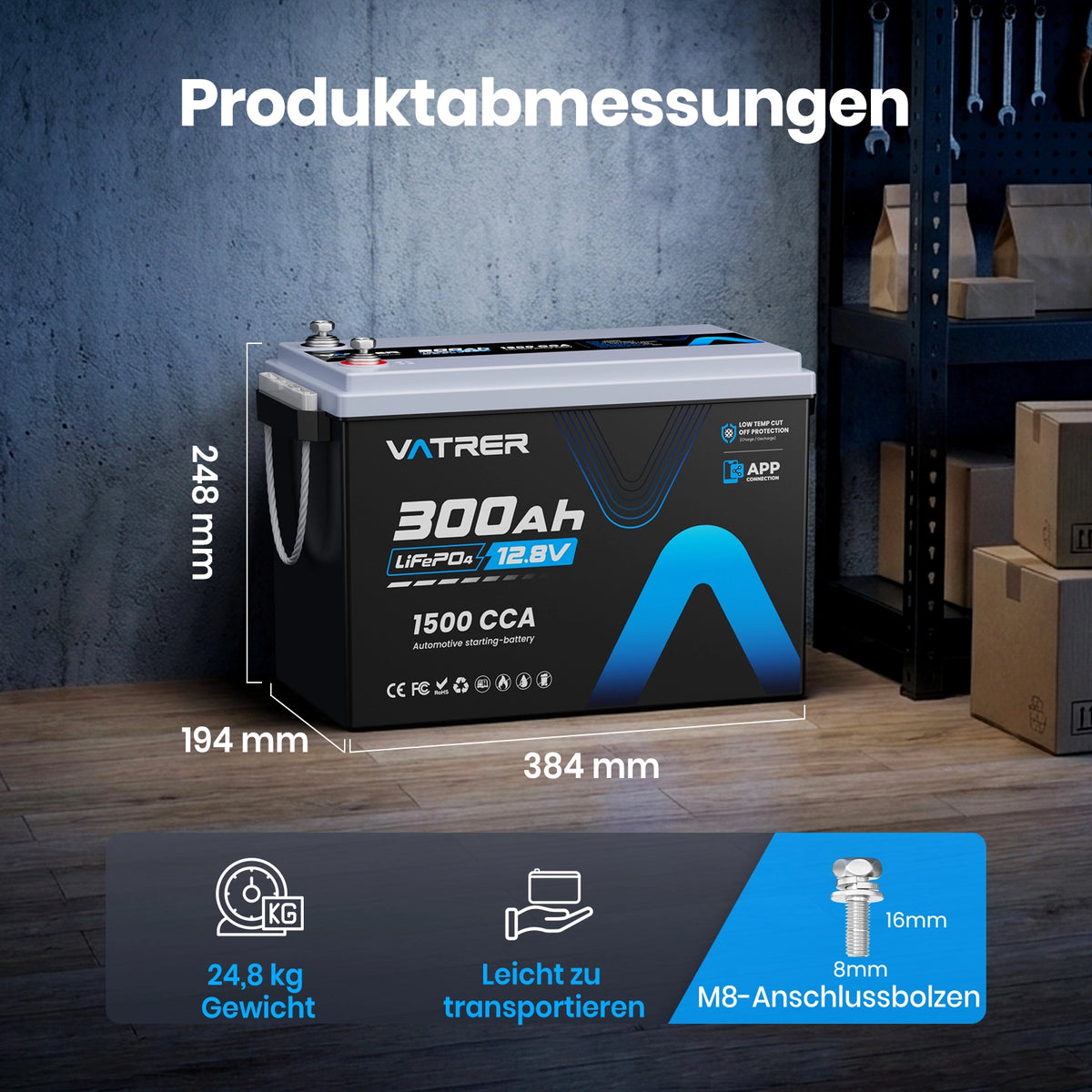 Vatrer 12V 300Ah LiFePO4 Lithium Batterie mit Bluetooth